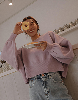 微短版澎澎袖針織上衣