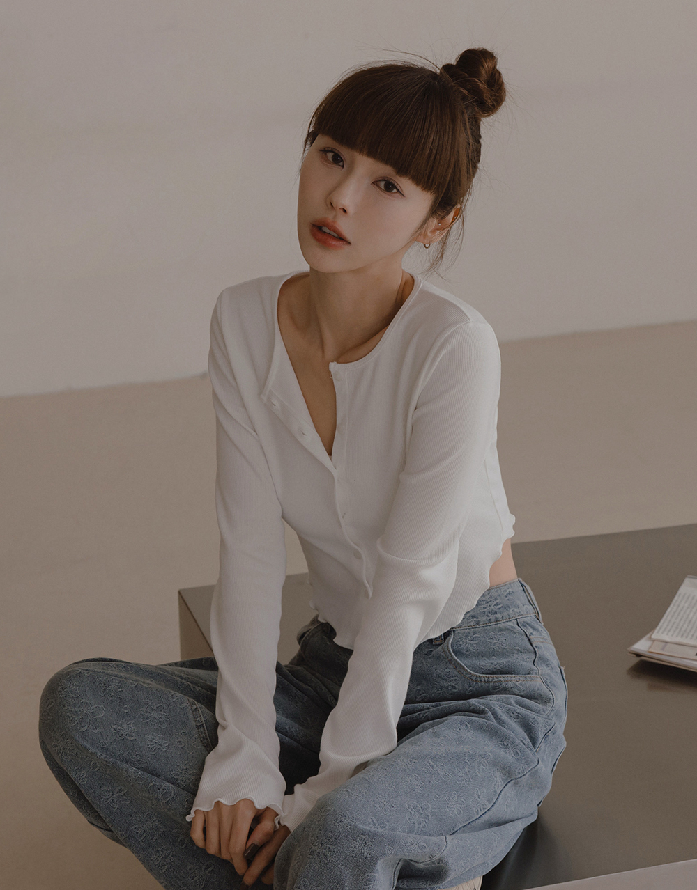 MIT排釦羅紋捲邊開襟上衣