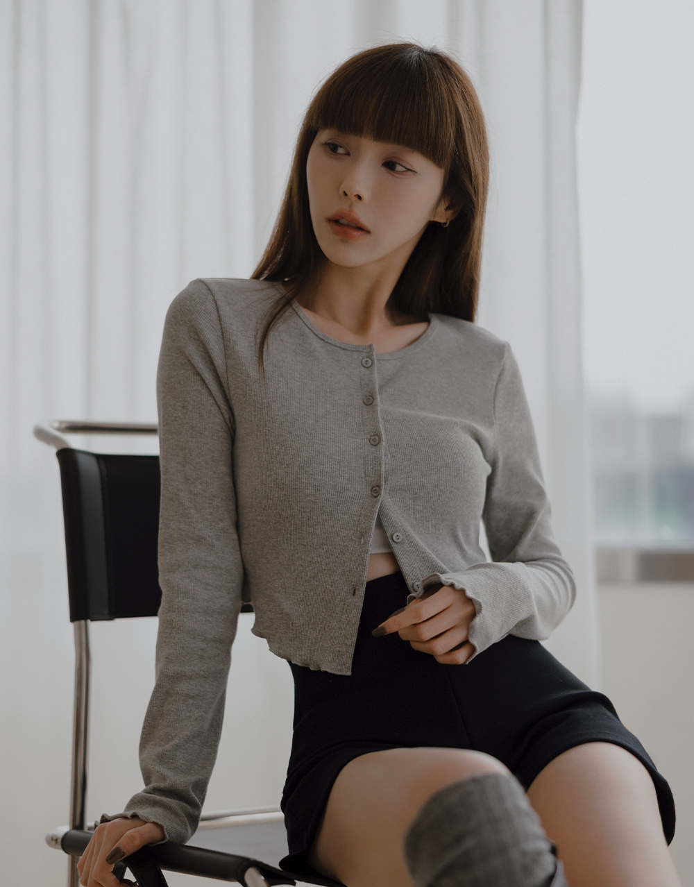 MIT排釦羅紋捲邊開襟上衣