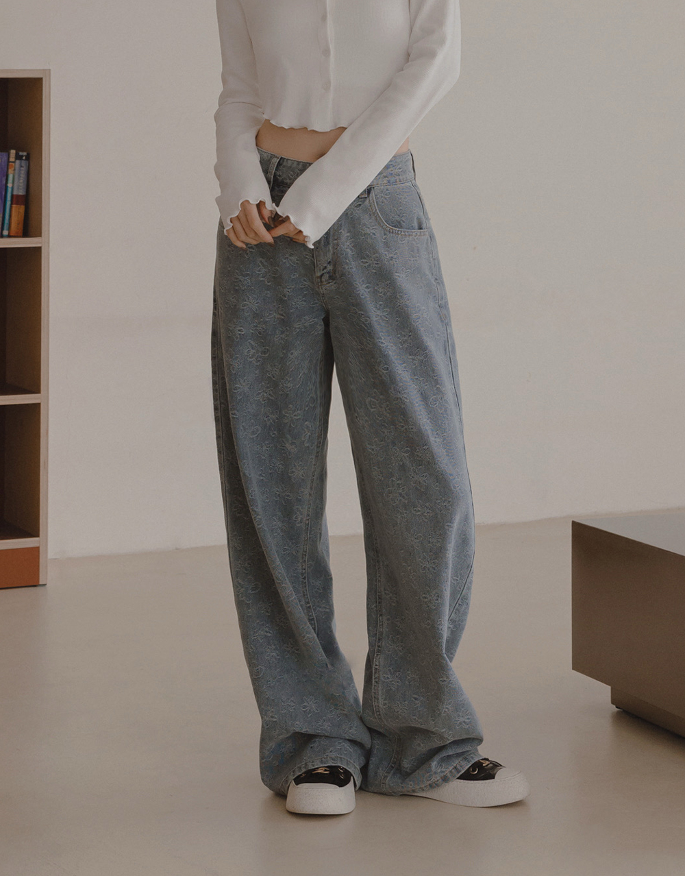 滿版小花織紋牛仔褲