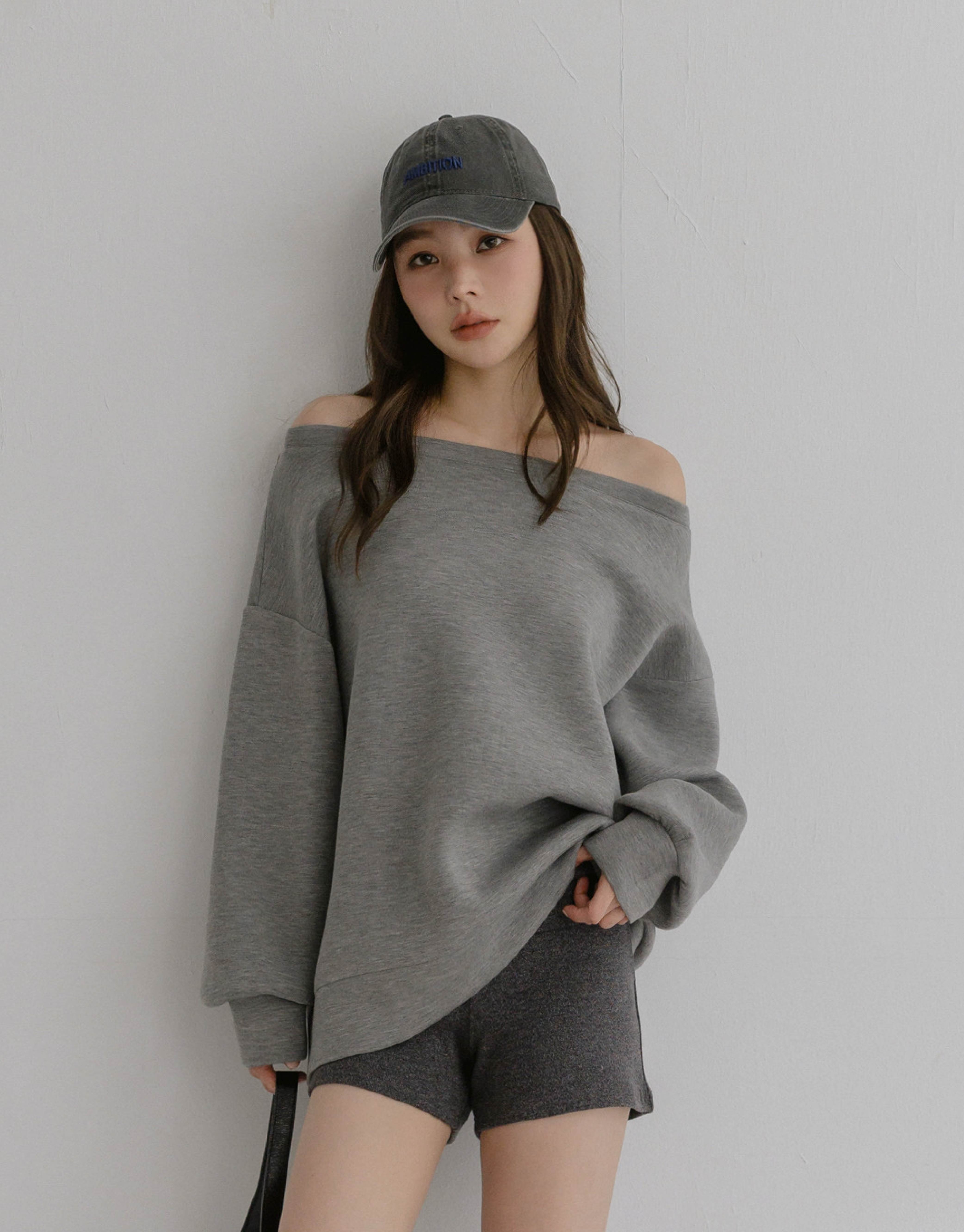 一字領寬鬆長袖上衣(太空棉)