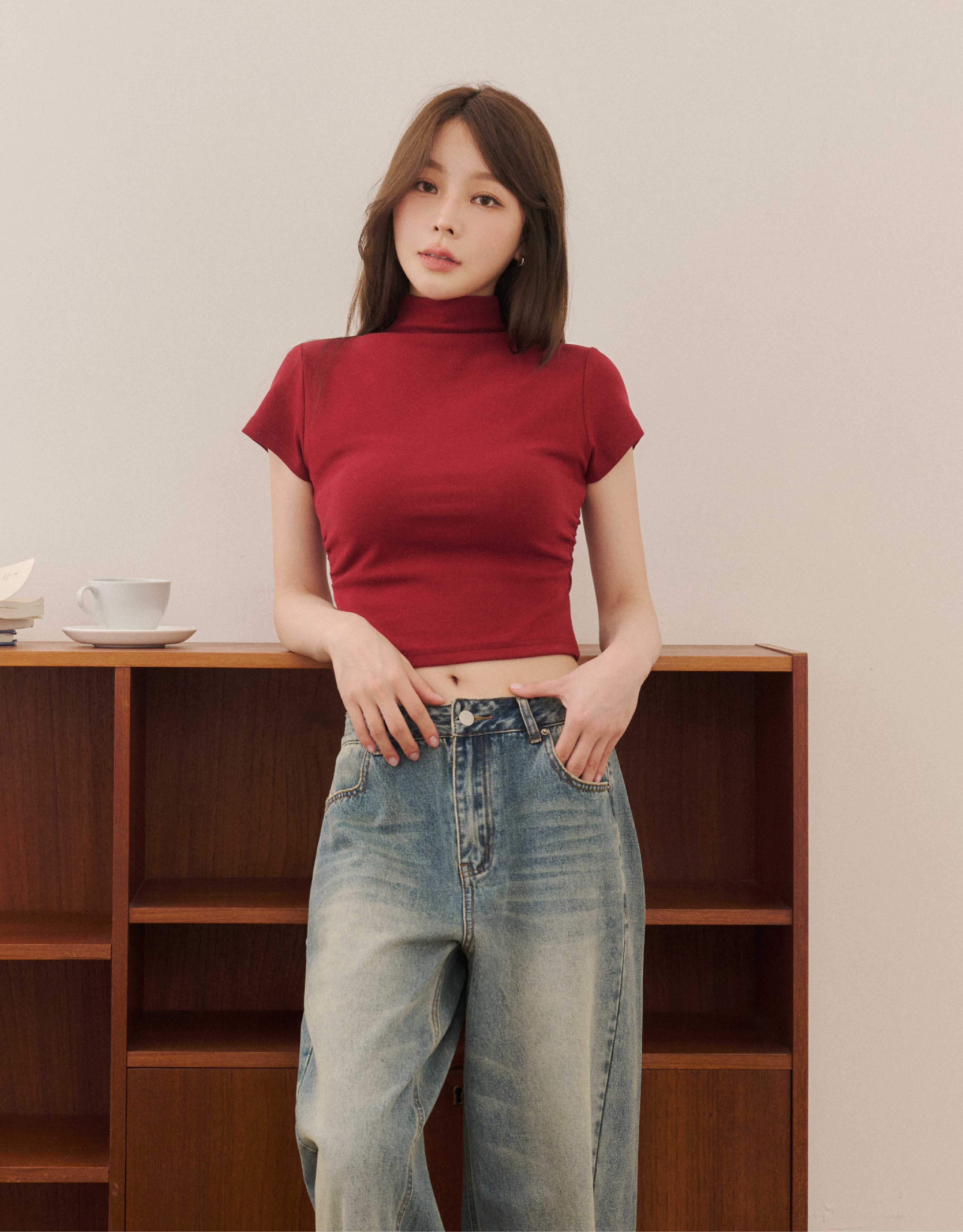 小立領絨棉短袖上衣