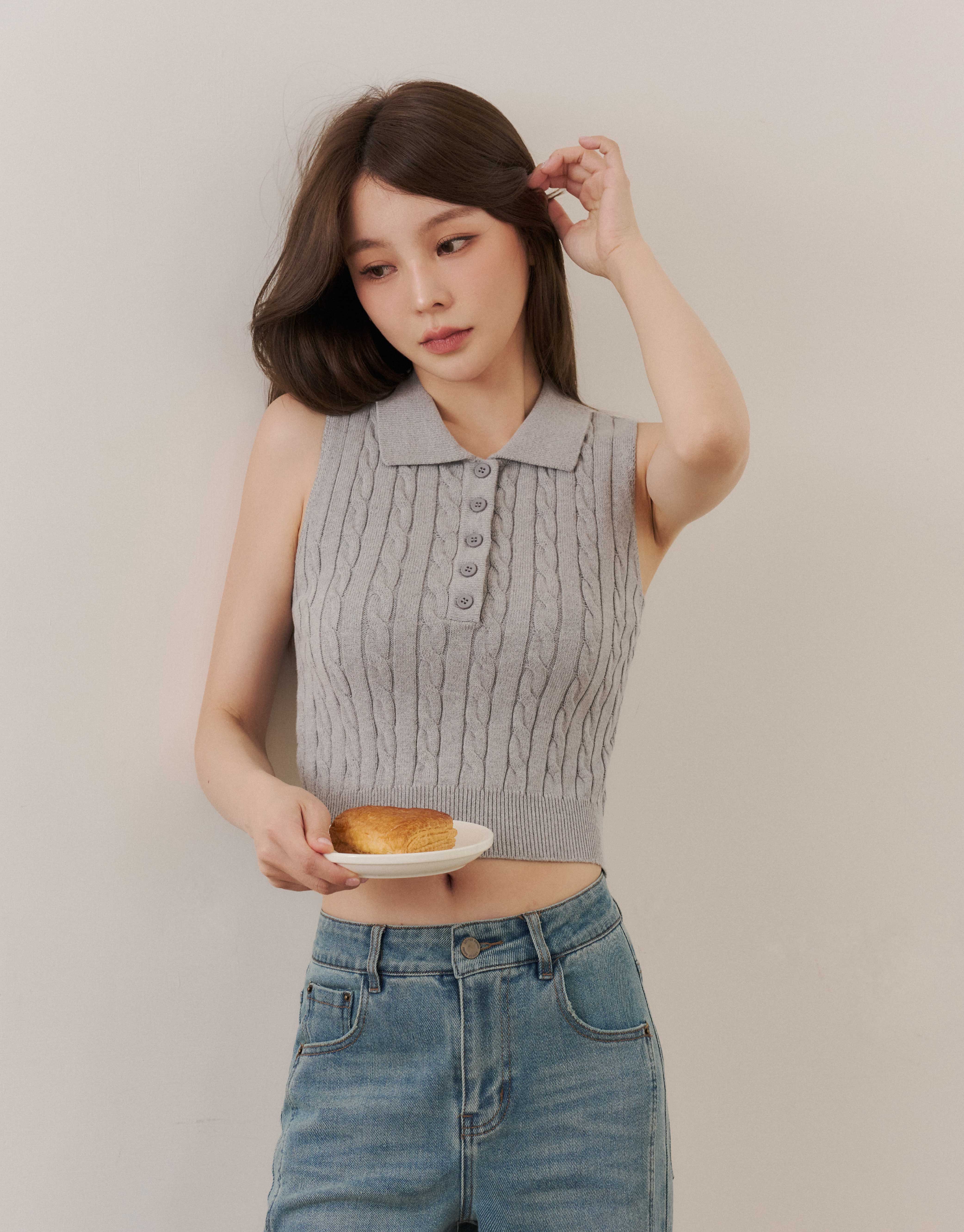 麻花半開襟針織背心