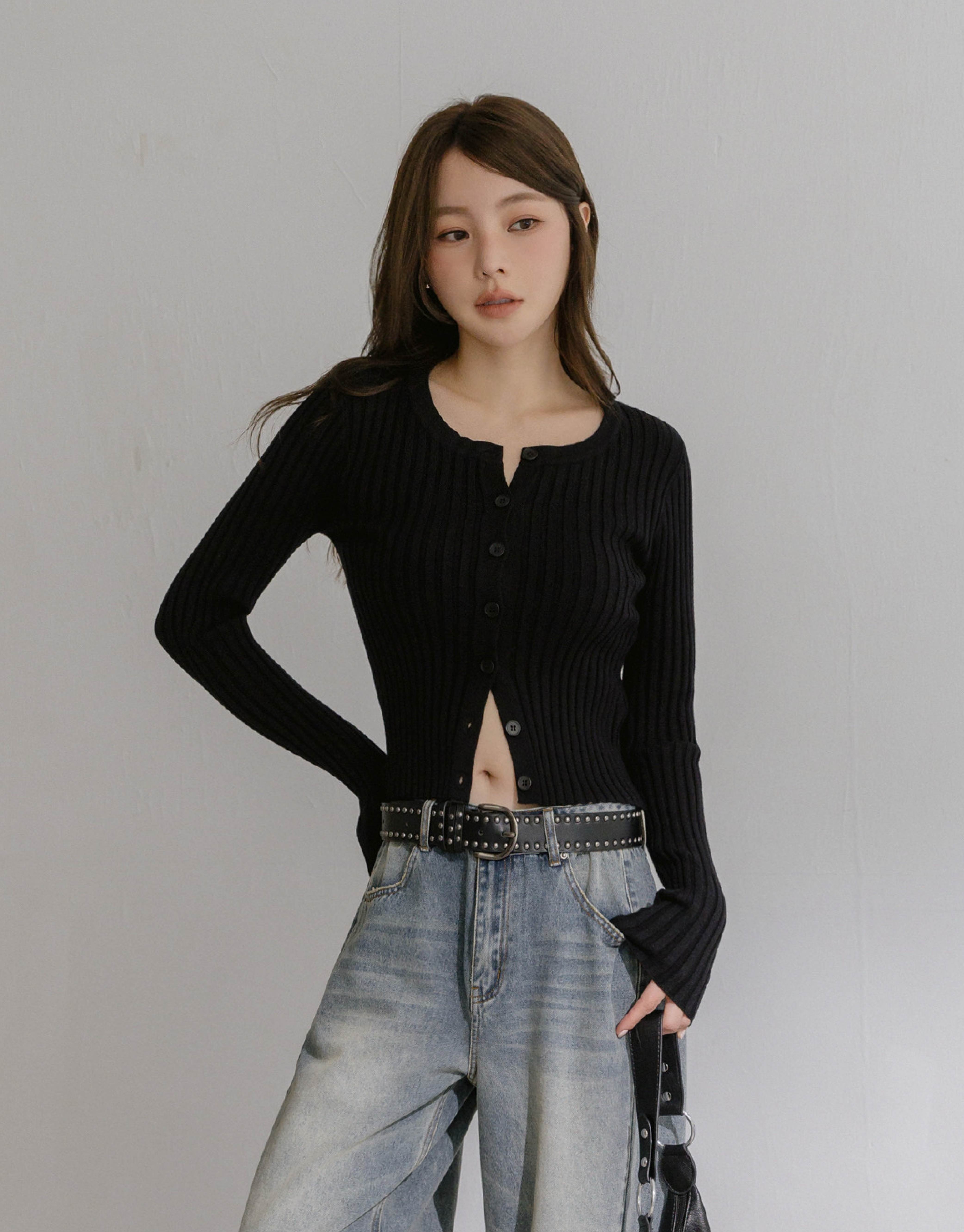 坑條排釦針織上衣外套