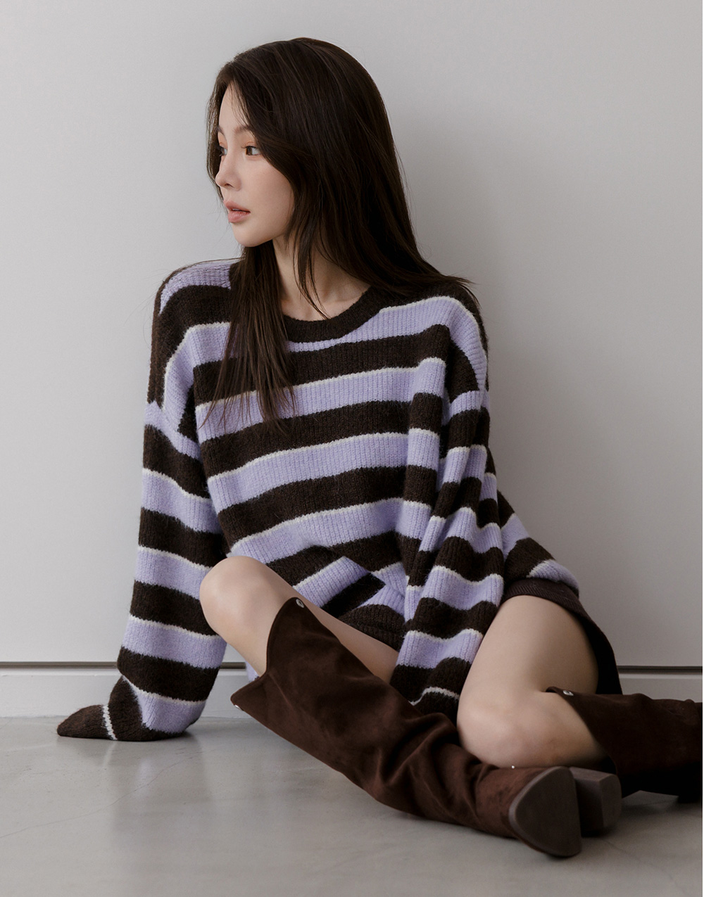 羊毛條紋圓領毛衣