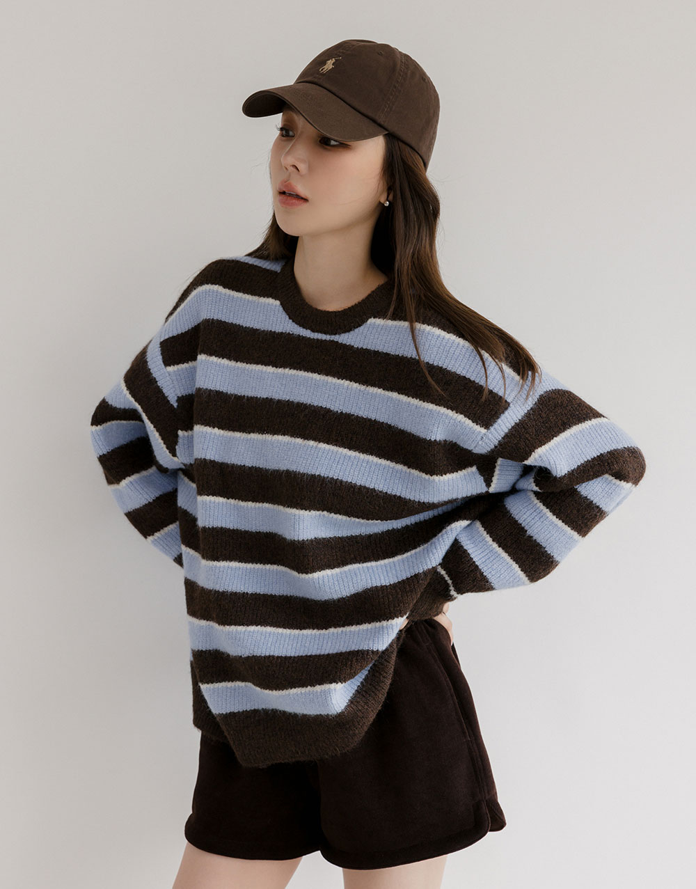羊毛條紋圓領毛衣
