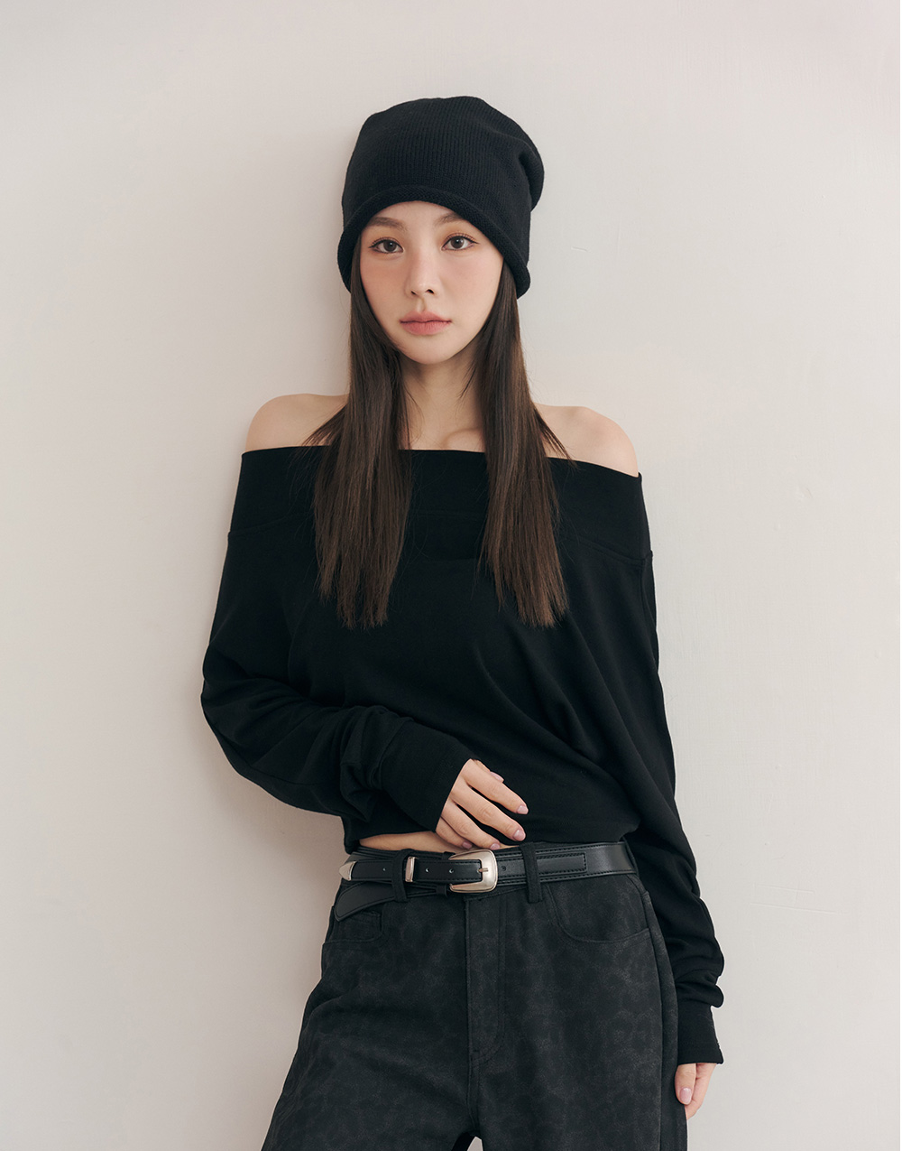 一字領柔棉長袖上衣