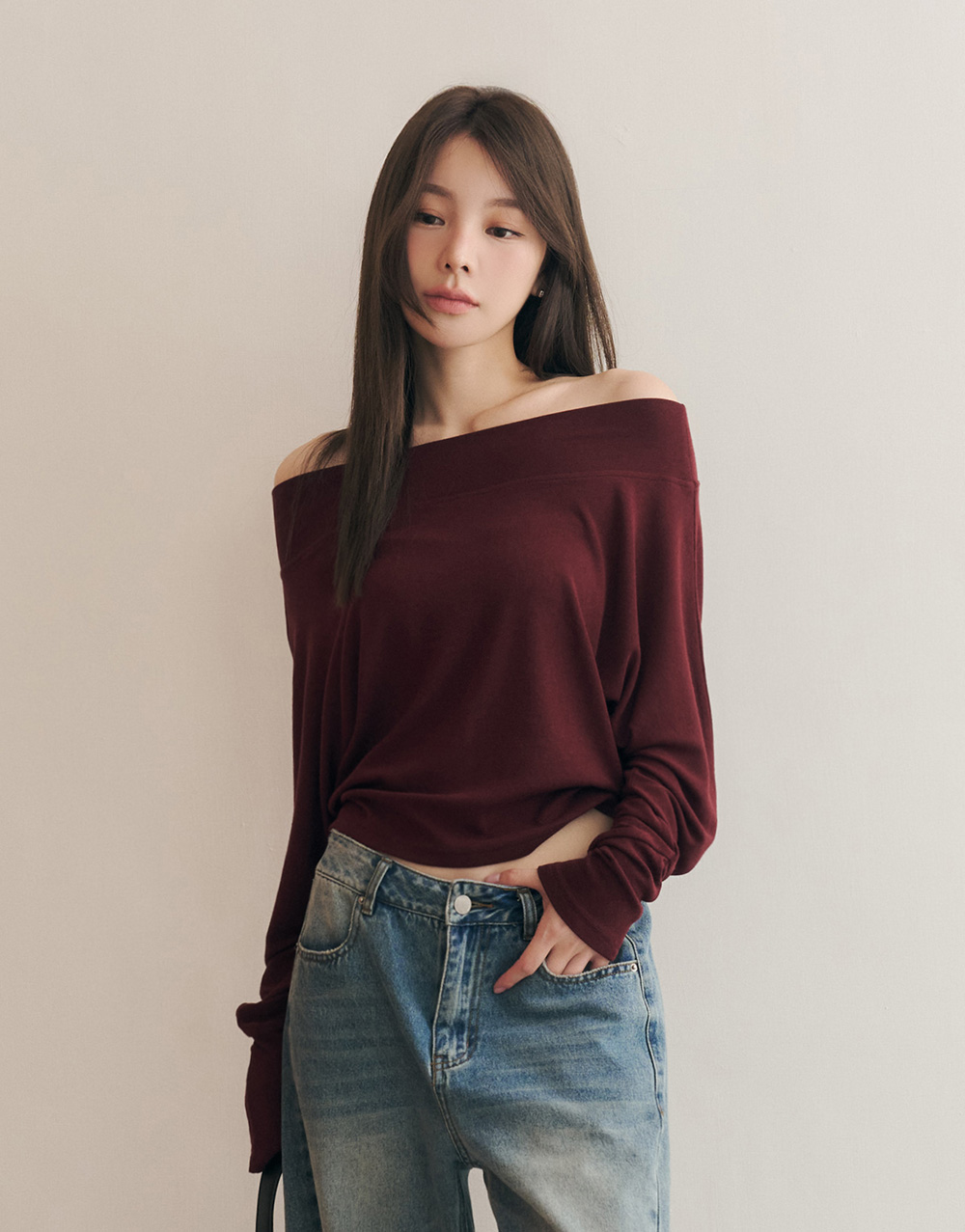 一字領柔棉長袖上衣