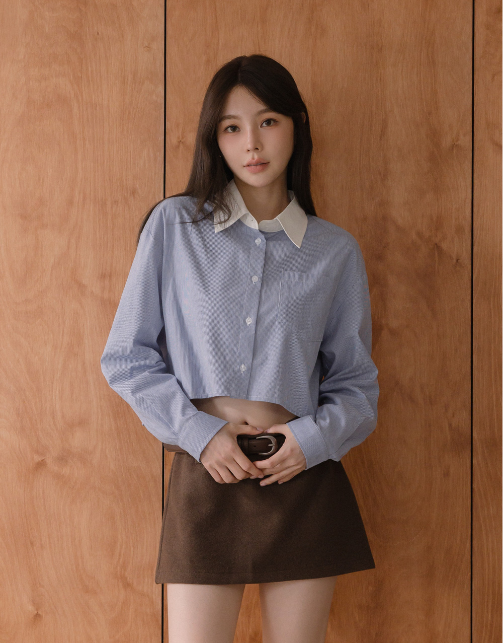 條紋撞色領短版襯衫