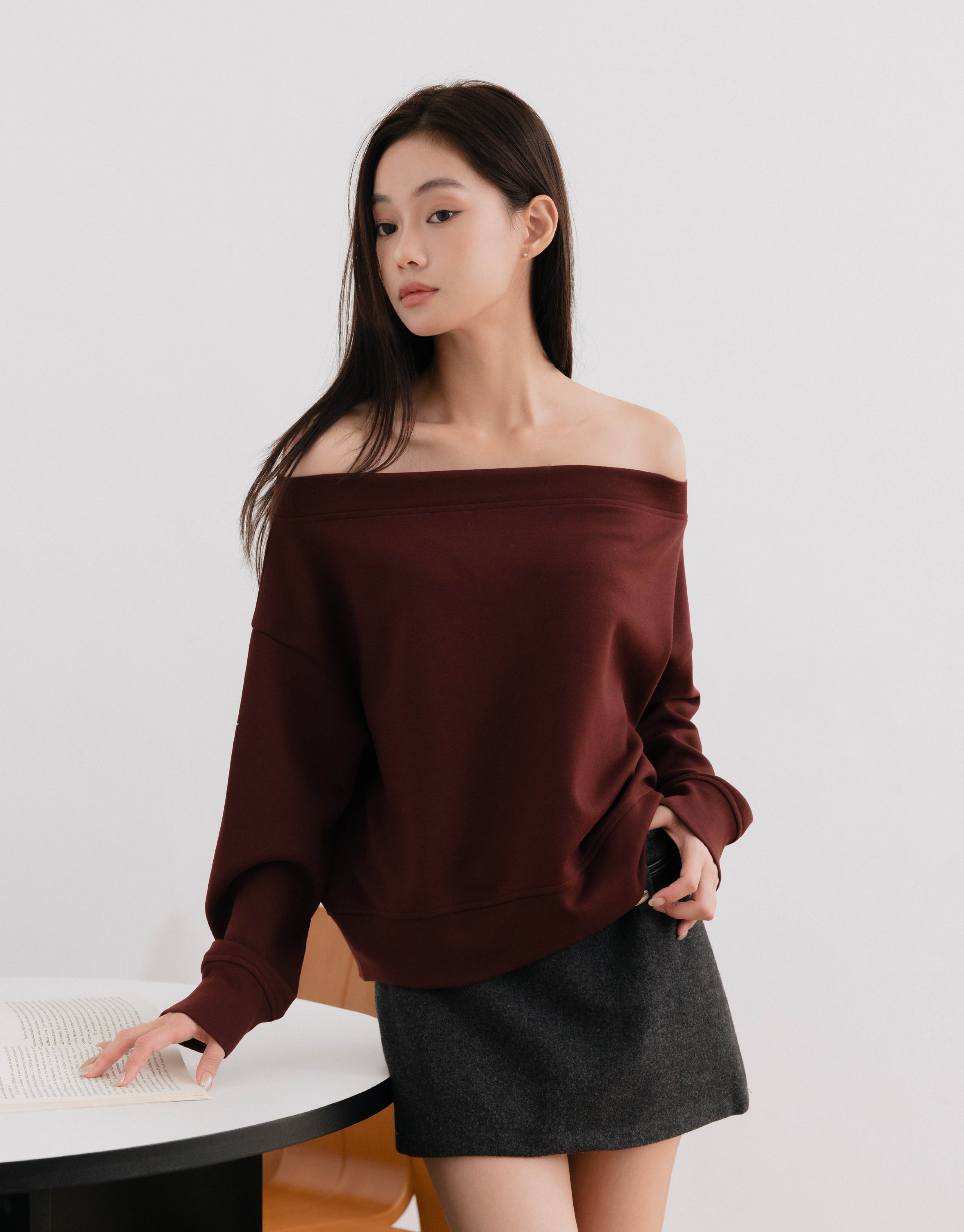 一字領長袖上衣(磨毛雲朵棉)