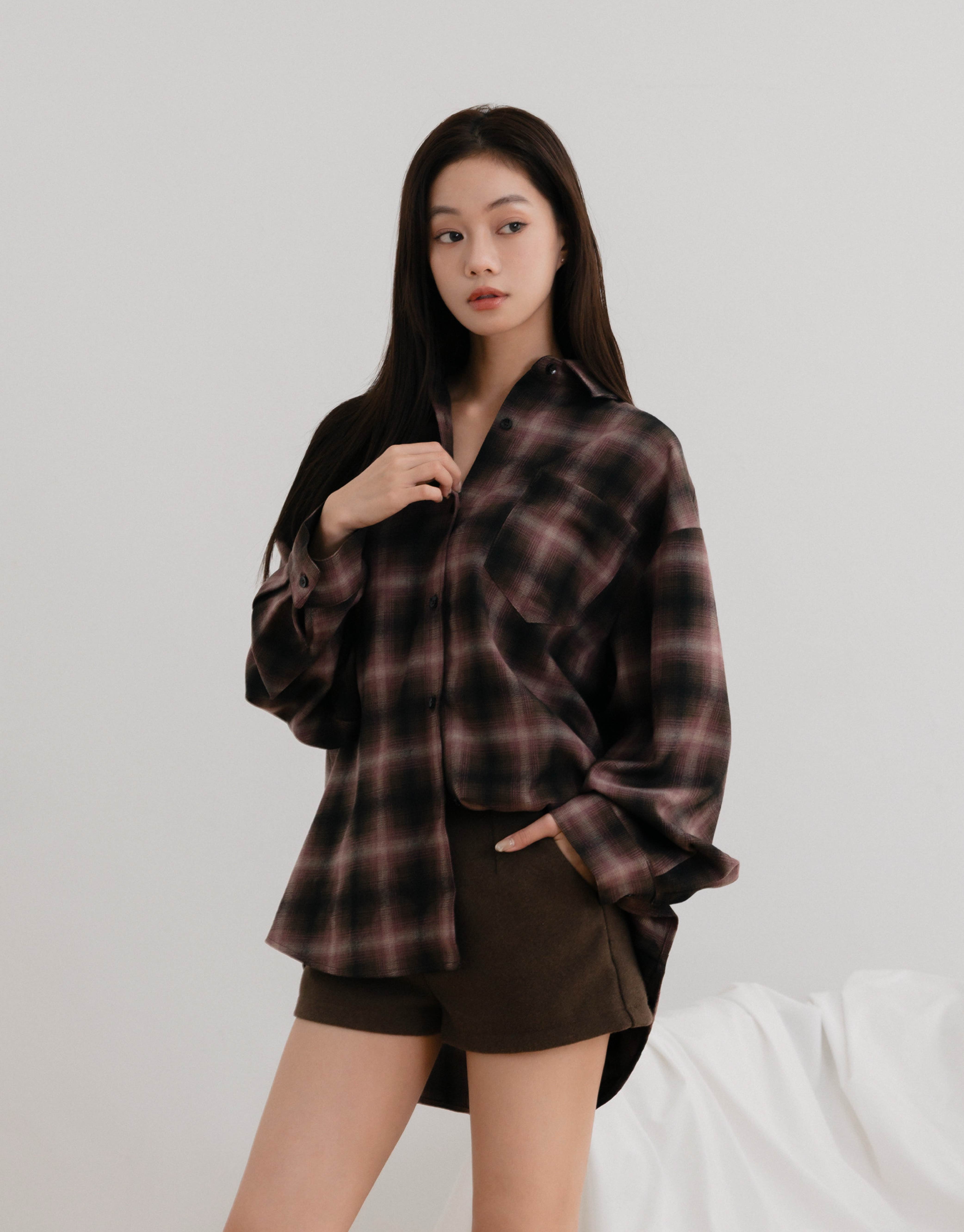 磨毛感格紋寬鬆襯衫
