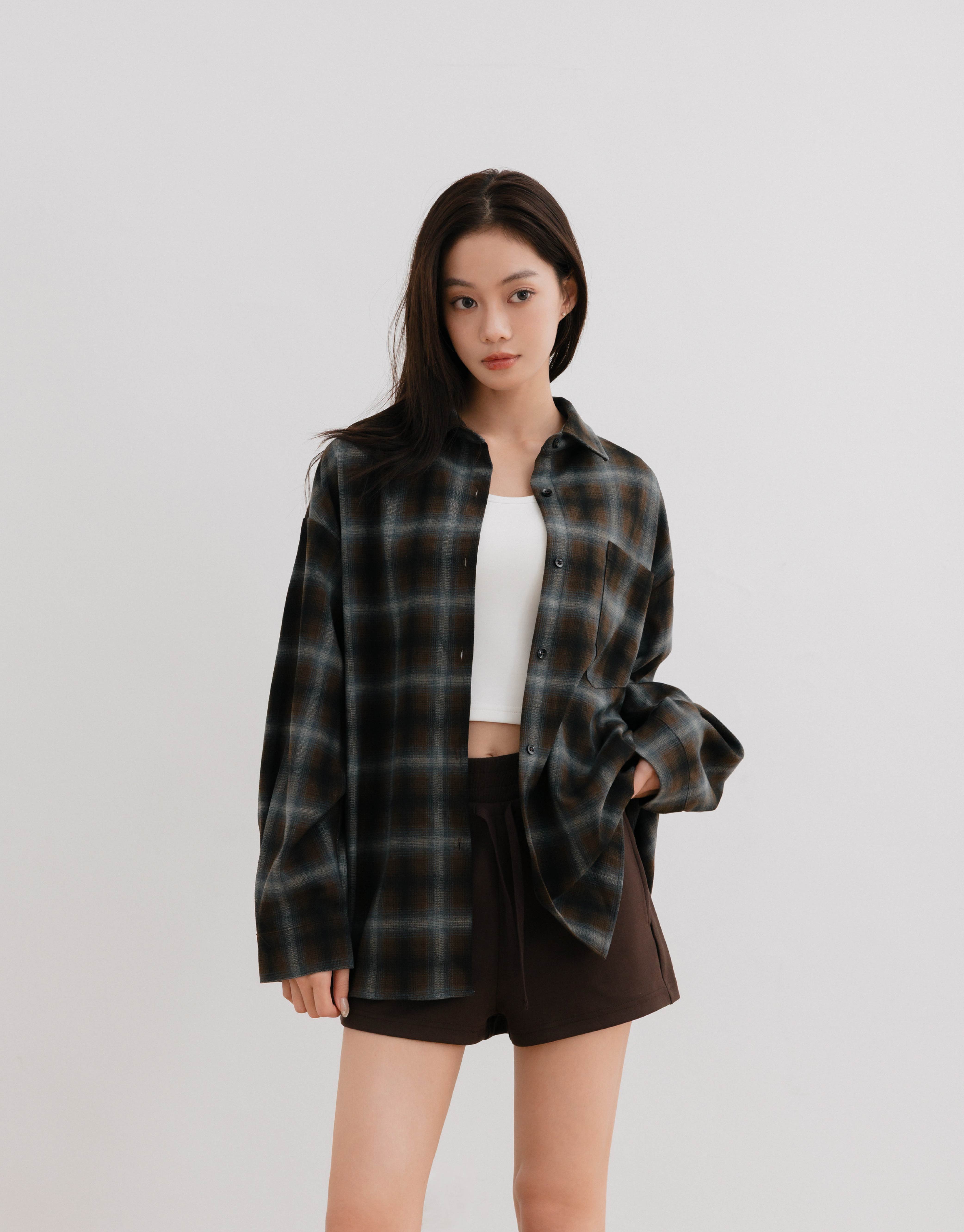 磨毛感格紋寬鬆襯衫