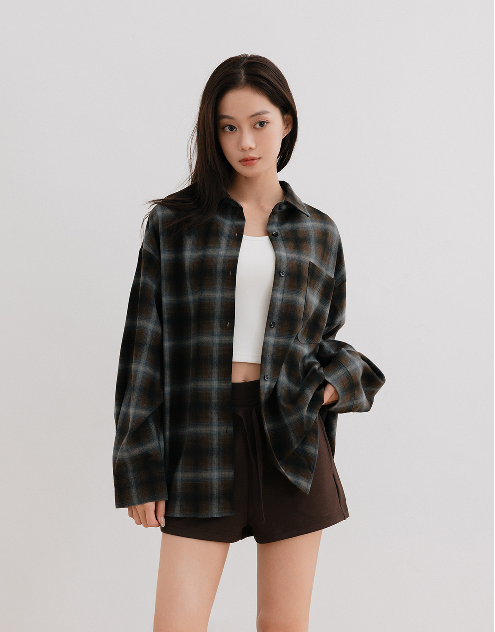 磨毛感格紋寬鬆襯衫