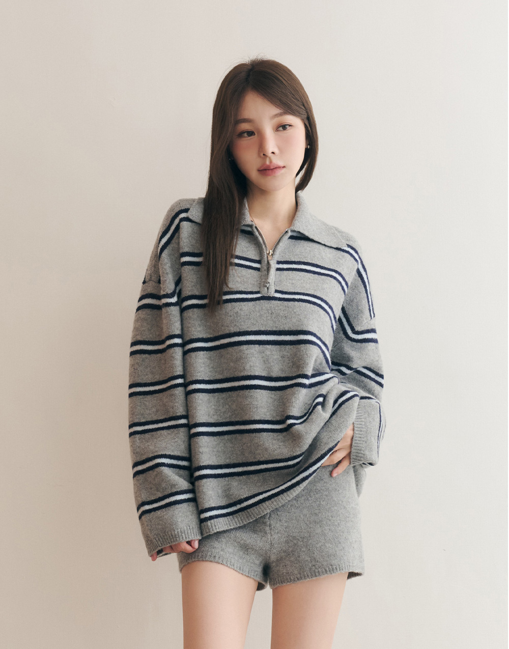 羊毛翻領半拉鍊條紋毛衣