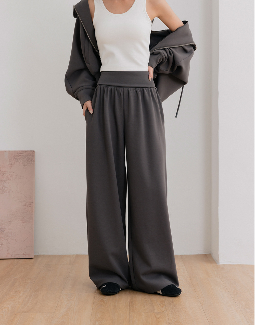 反褶抽皺腰頭長褲(磨毛雲朵棉)