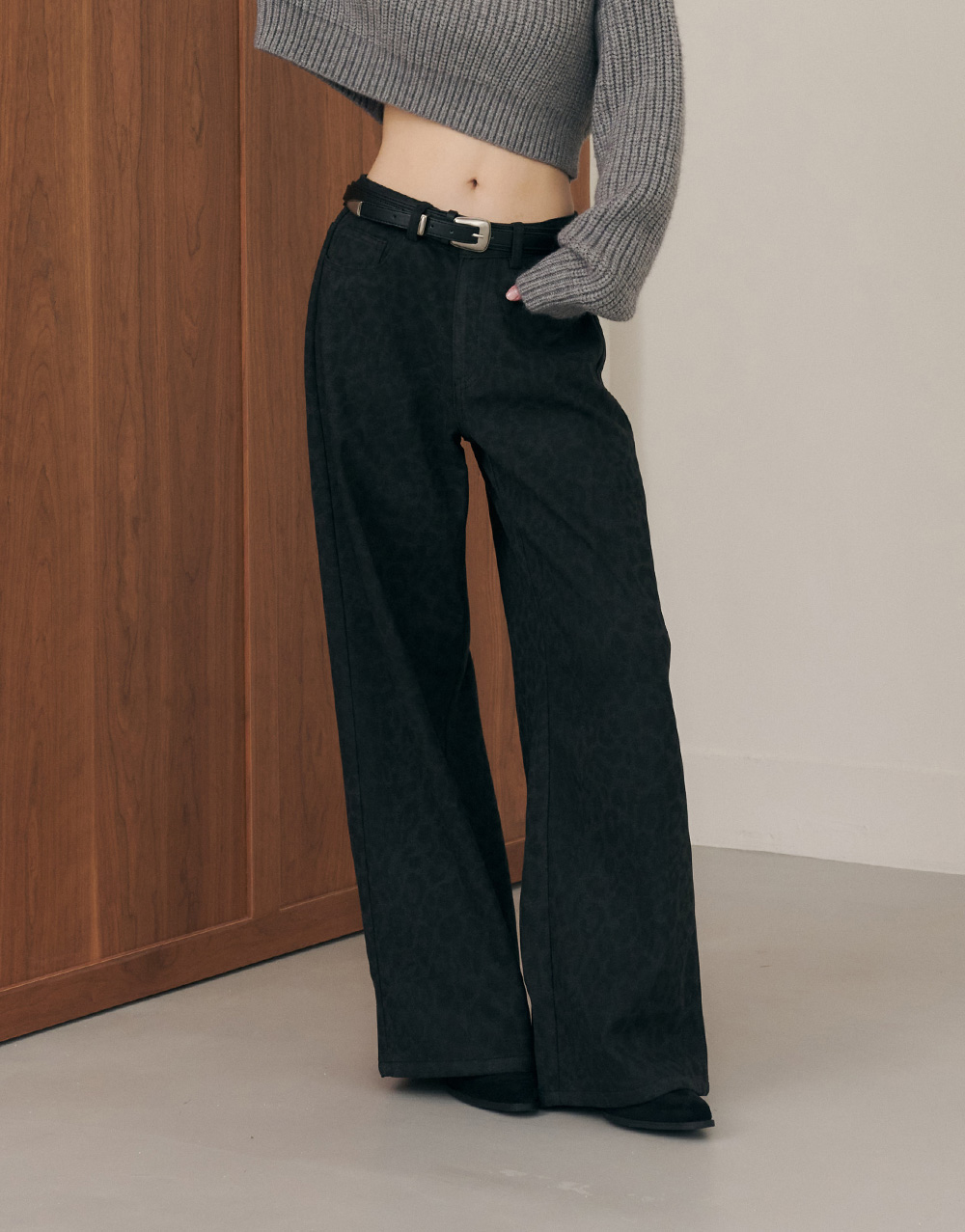 磨毛感豹紋長褲