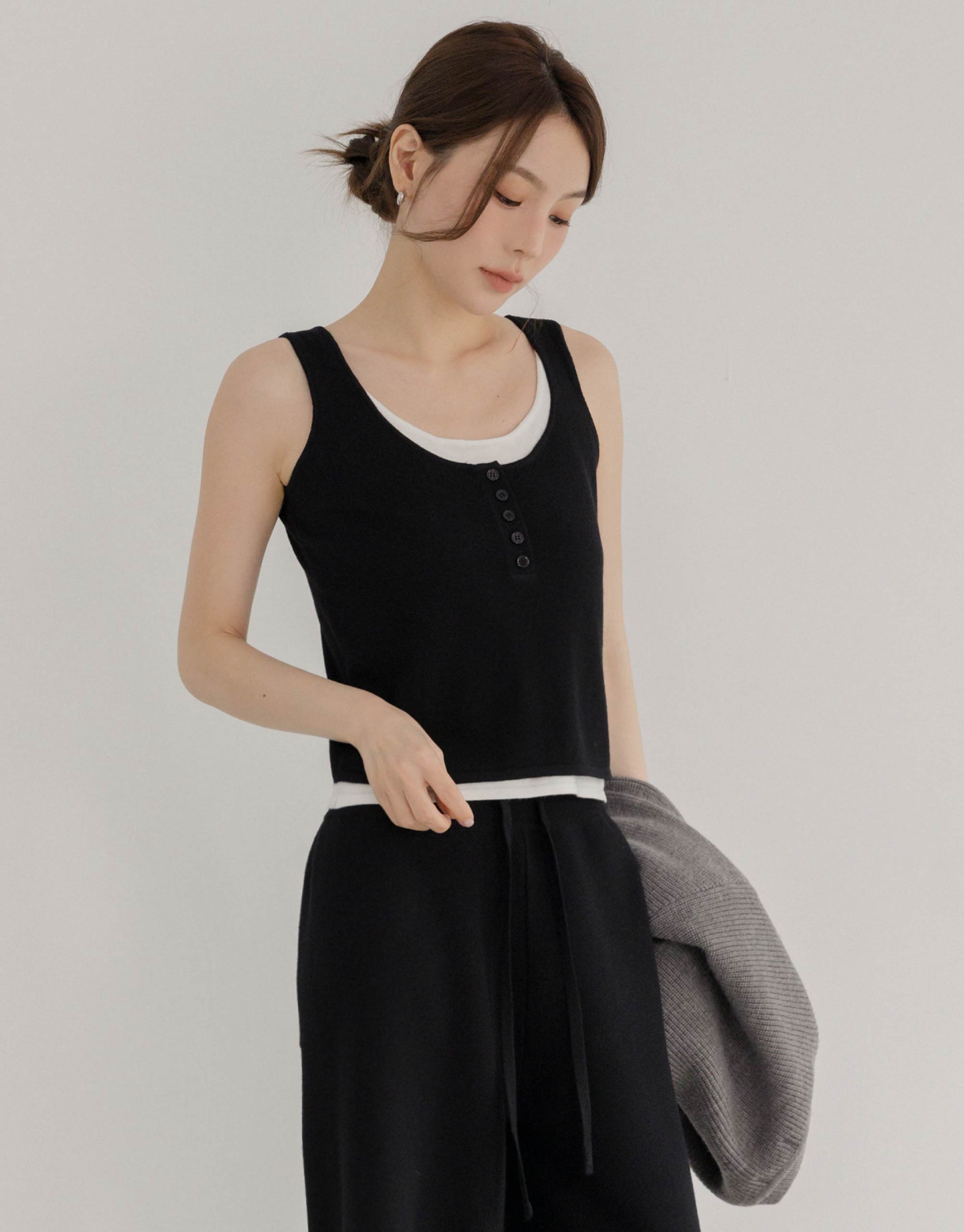 羊毛半開襟假兩件針織背心