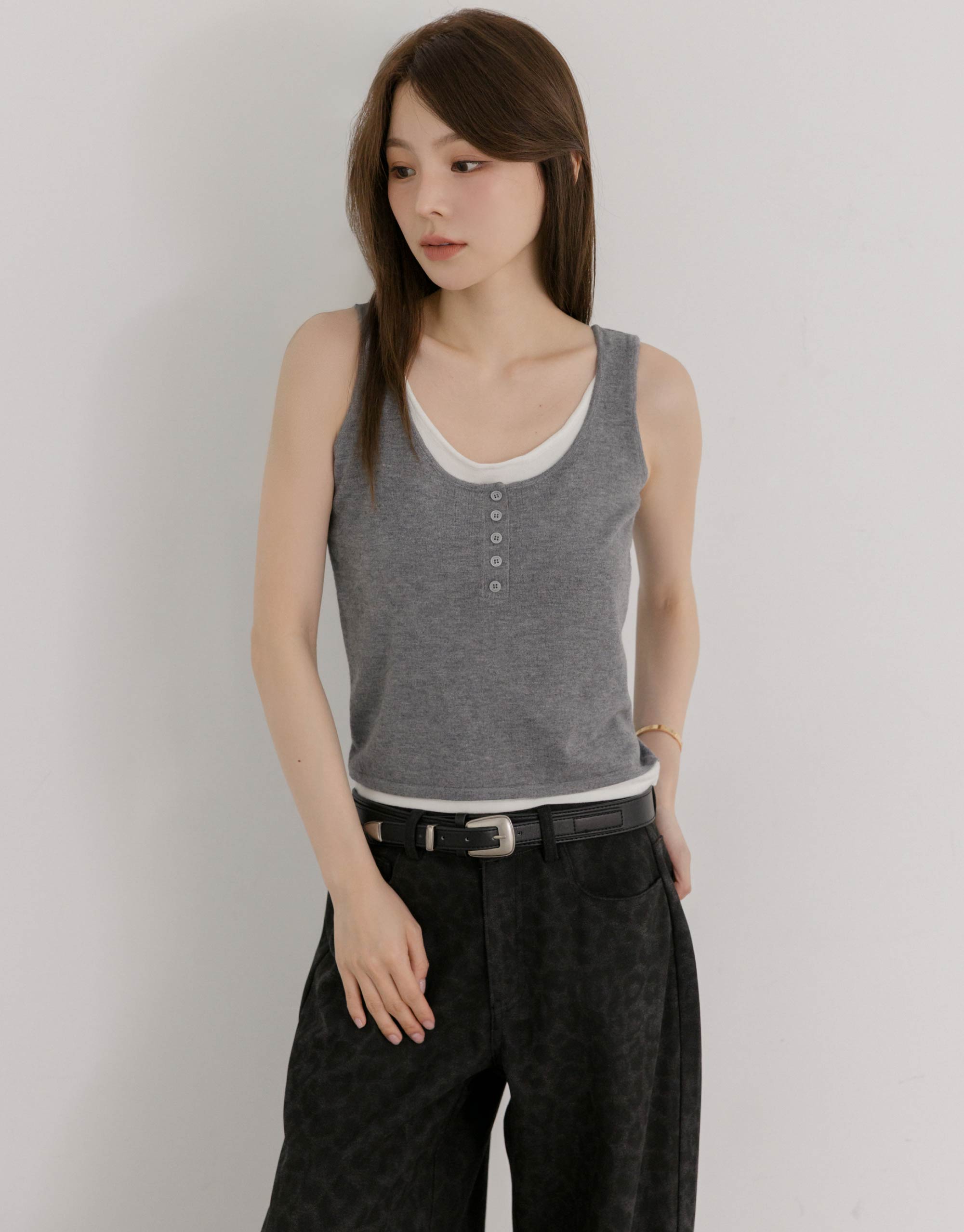 羊毛半開襟假兩件針織背心