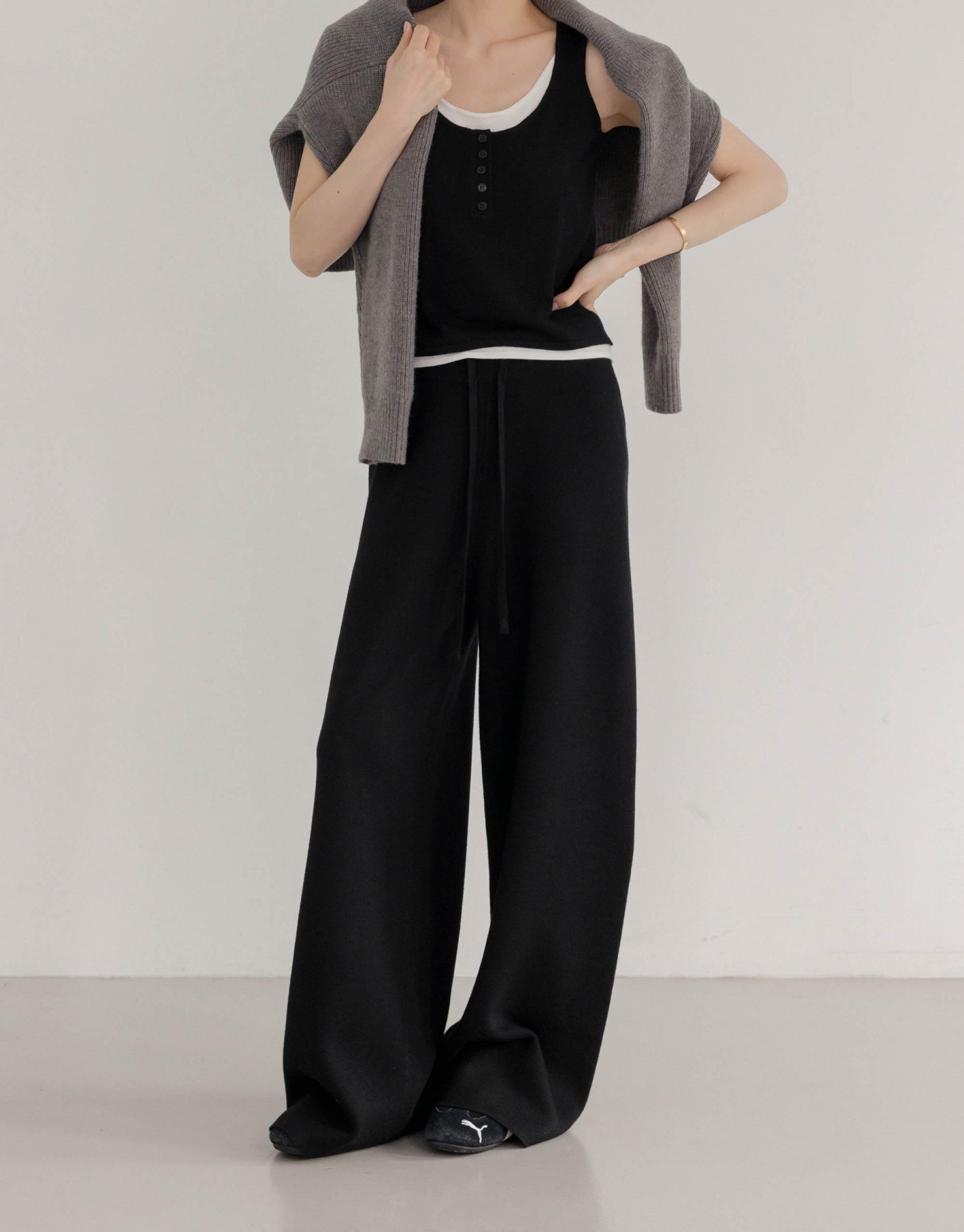 羊毛寬腰頭針織長褲