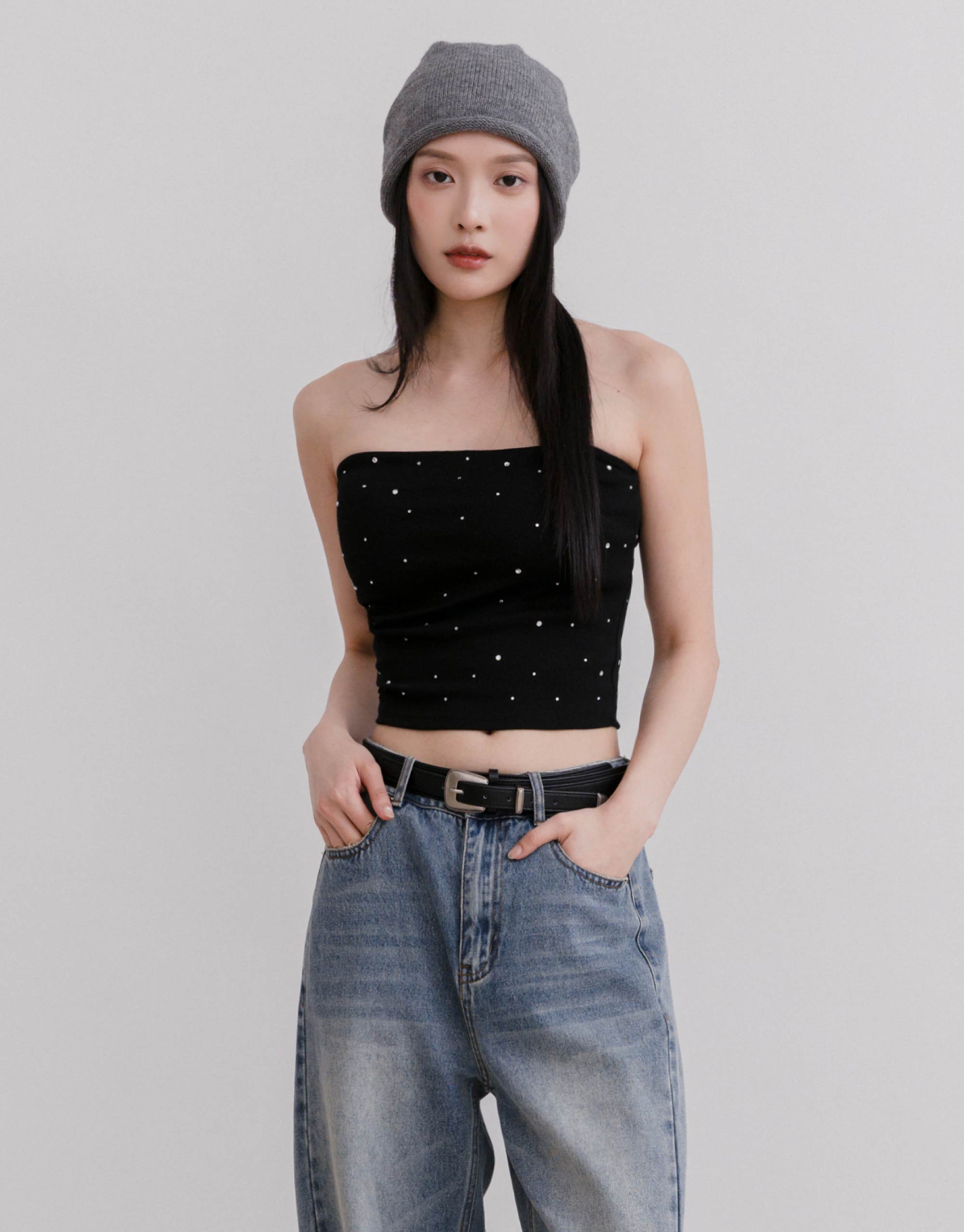 單邊抓皺細鑽平口BRA背心