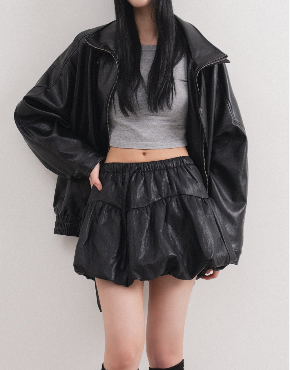 皮質抽繩花苞短裙