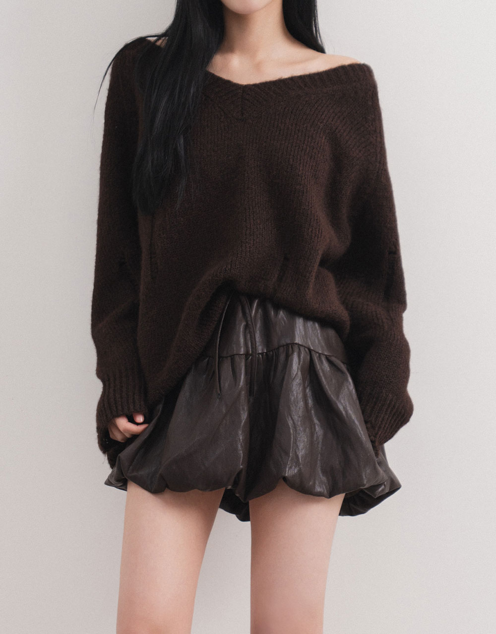 皮質抽繩花苞短裙