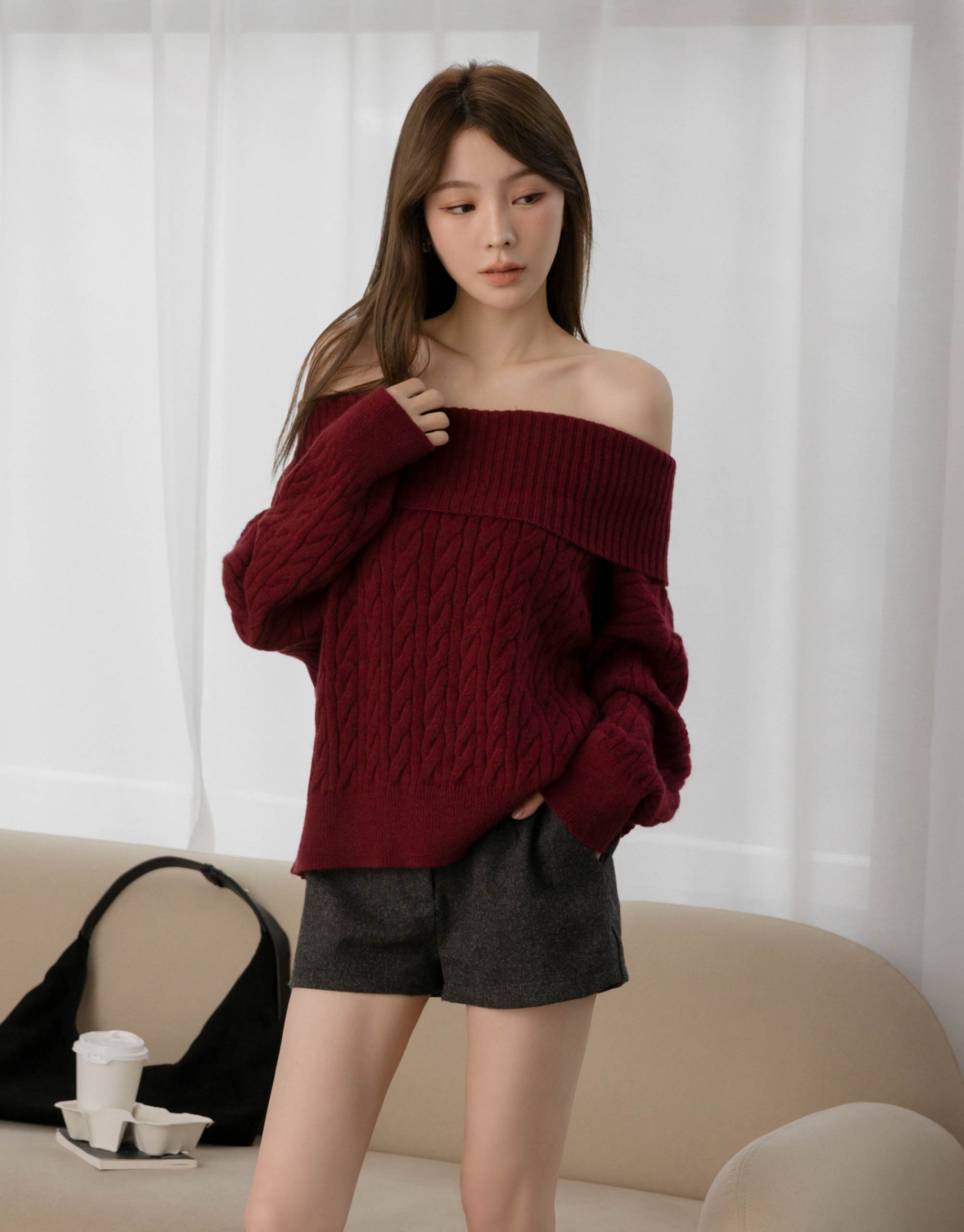 麻花翻領平肩毛衣