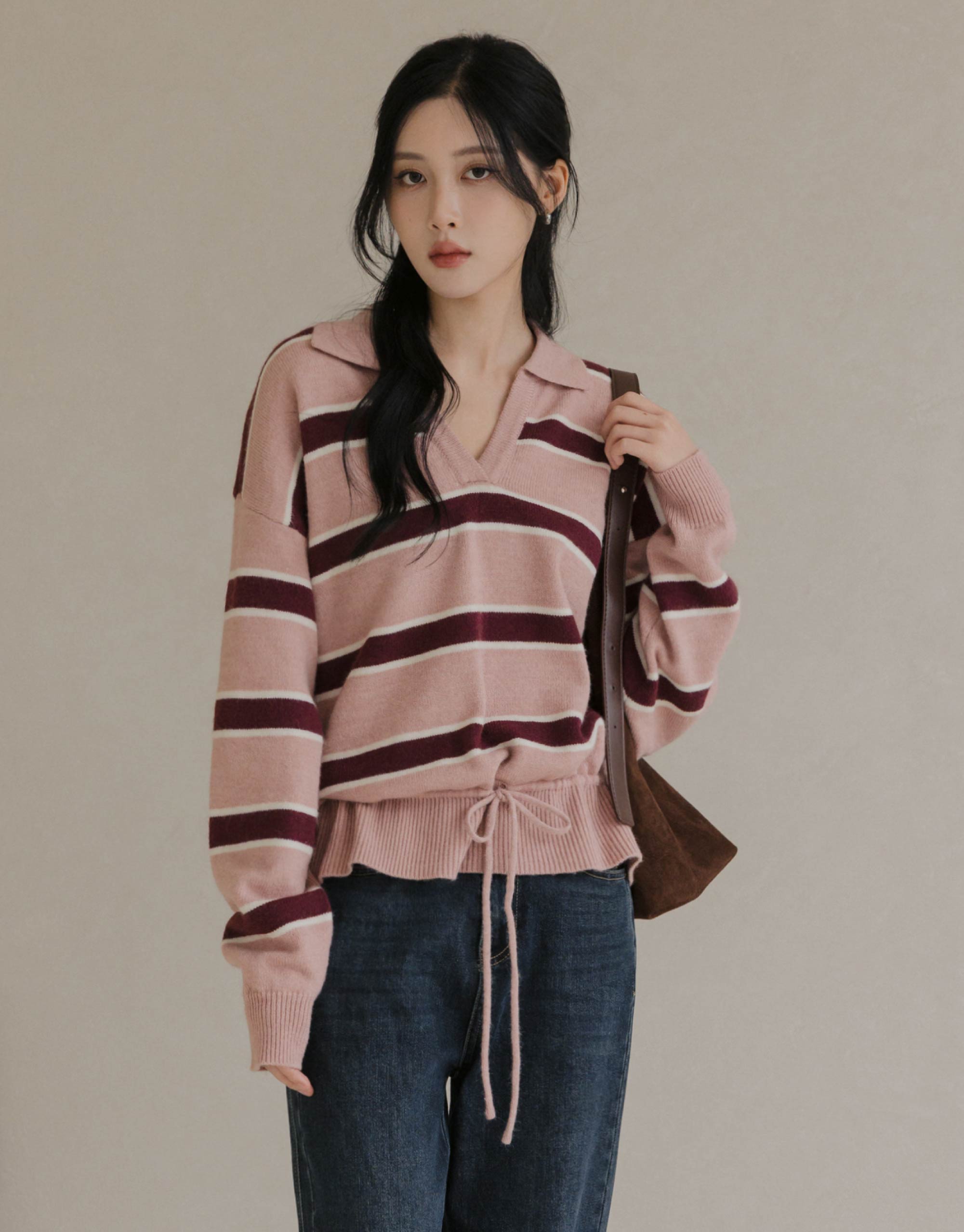 下擺抽繩條紋毛衣