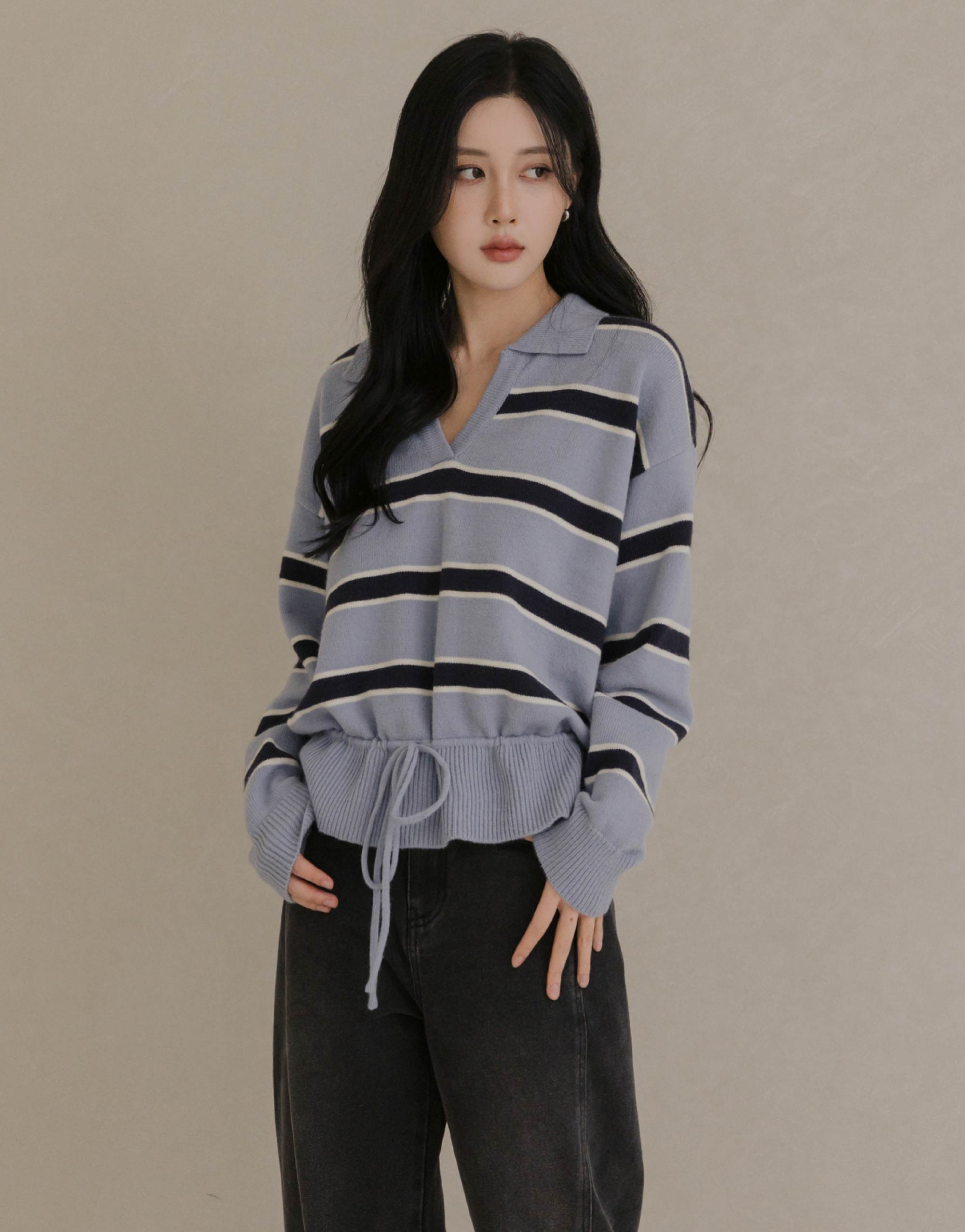 下擺抽繩條紋毛衣