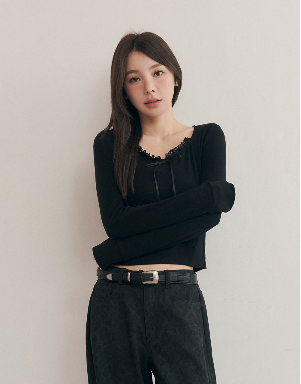 絨感連帽蕾絲長袖上衣