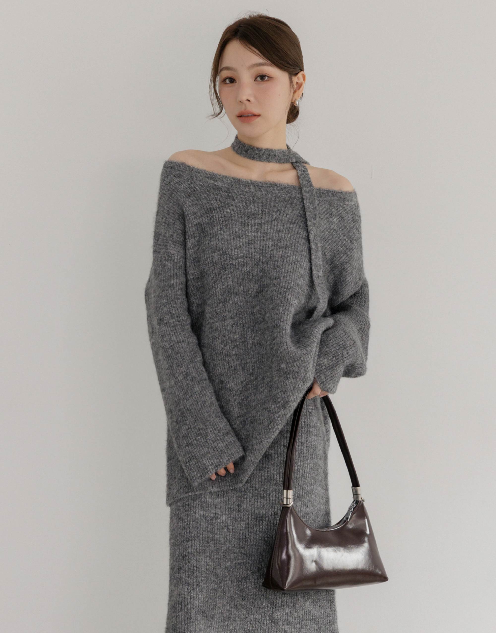 羊毛混紗斜肩毛衣