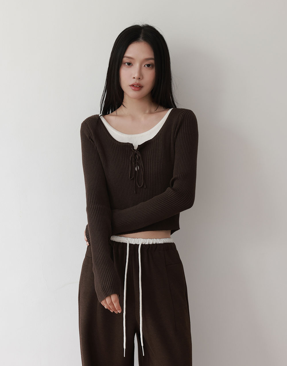 羊毛假兩件綁繩針織上衣