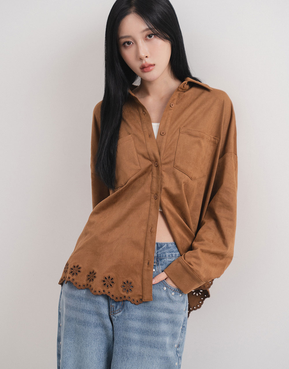 縷空緹花麂皮襯衫