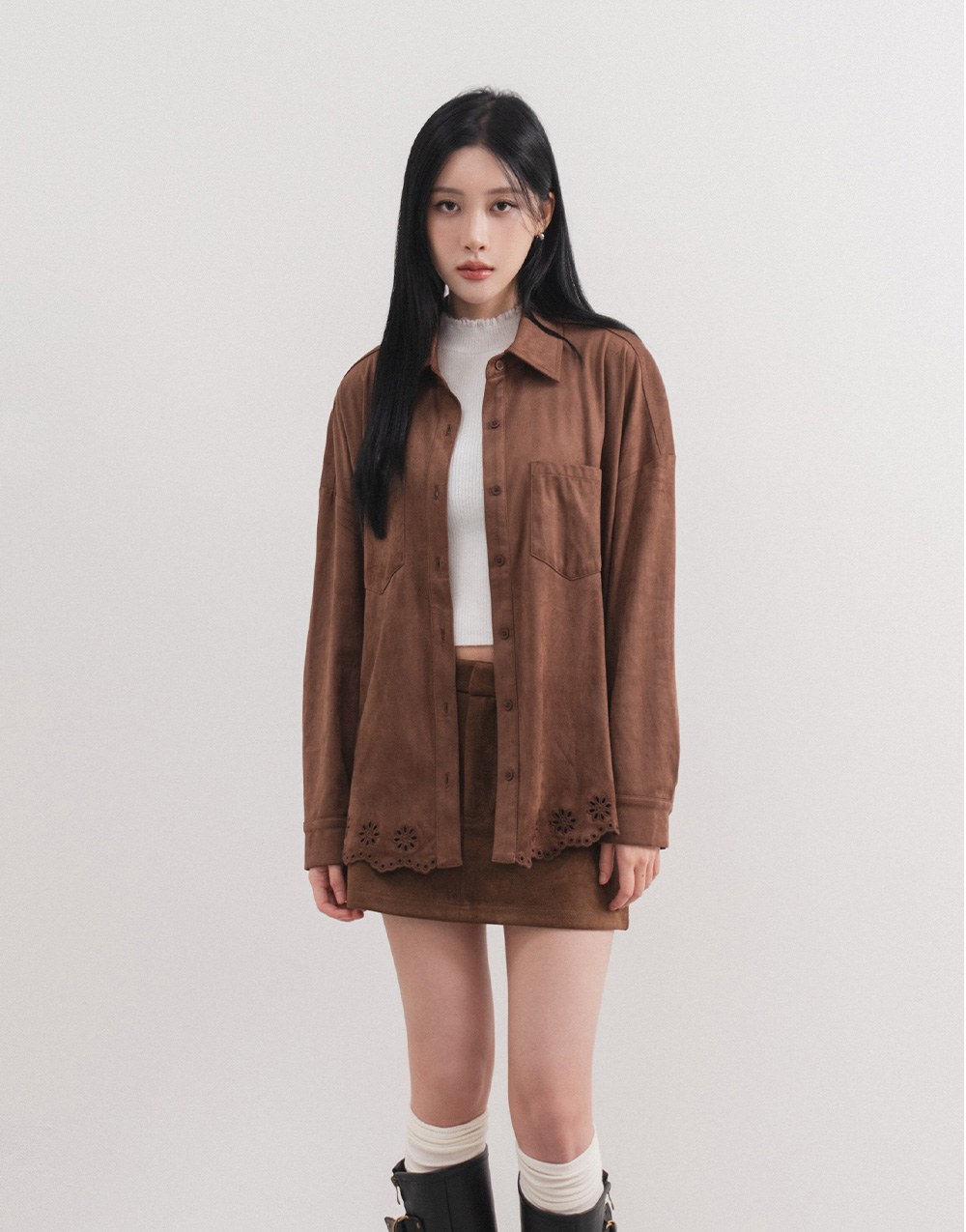 縷空緹花麂皮襯衫