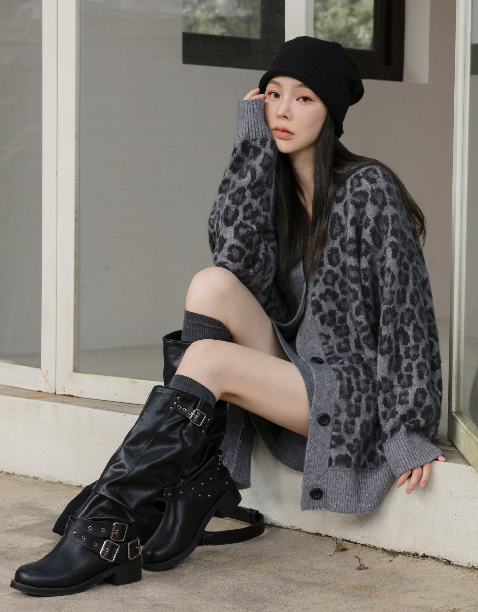 豹紋V領開襟針織外套