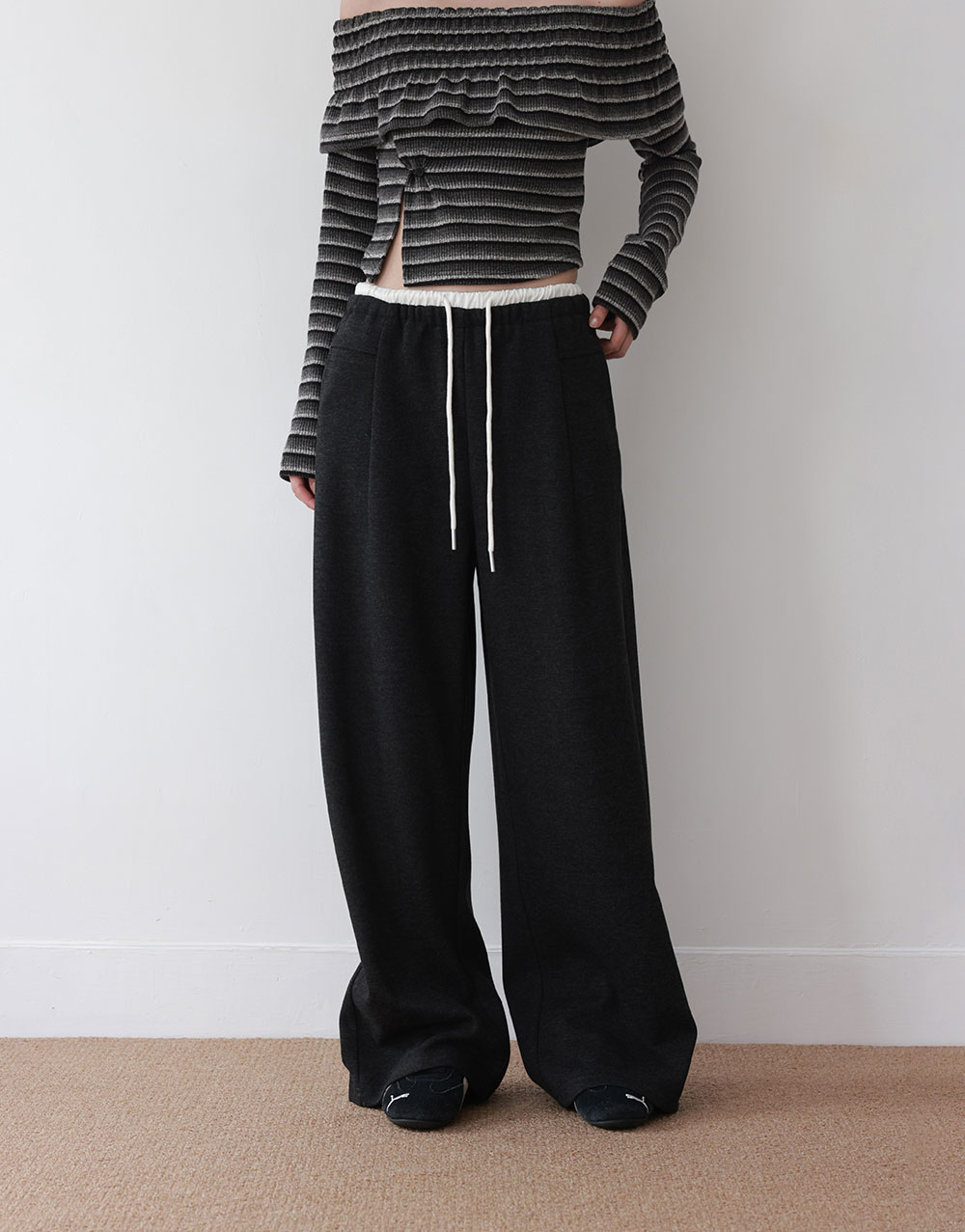 羊毛絨撞色腰頭長褲