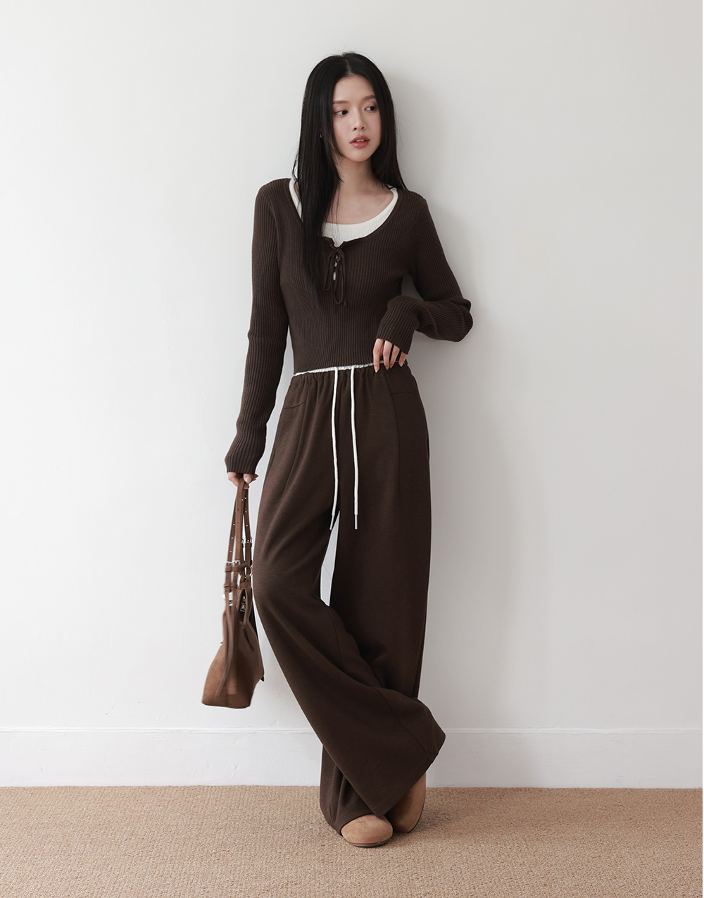 羊毛絨撞色腰頭長褲