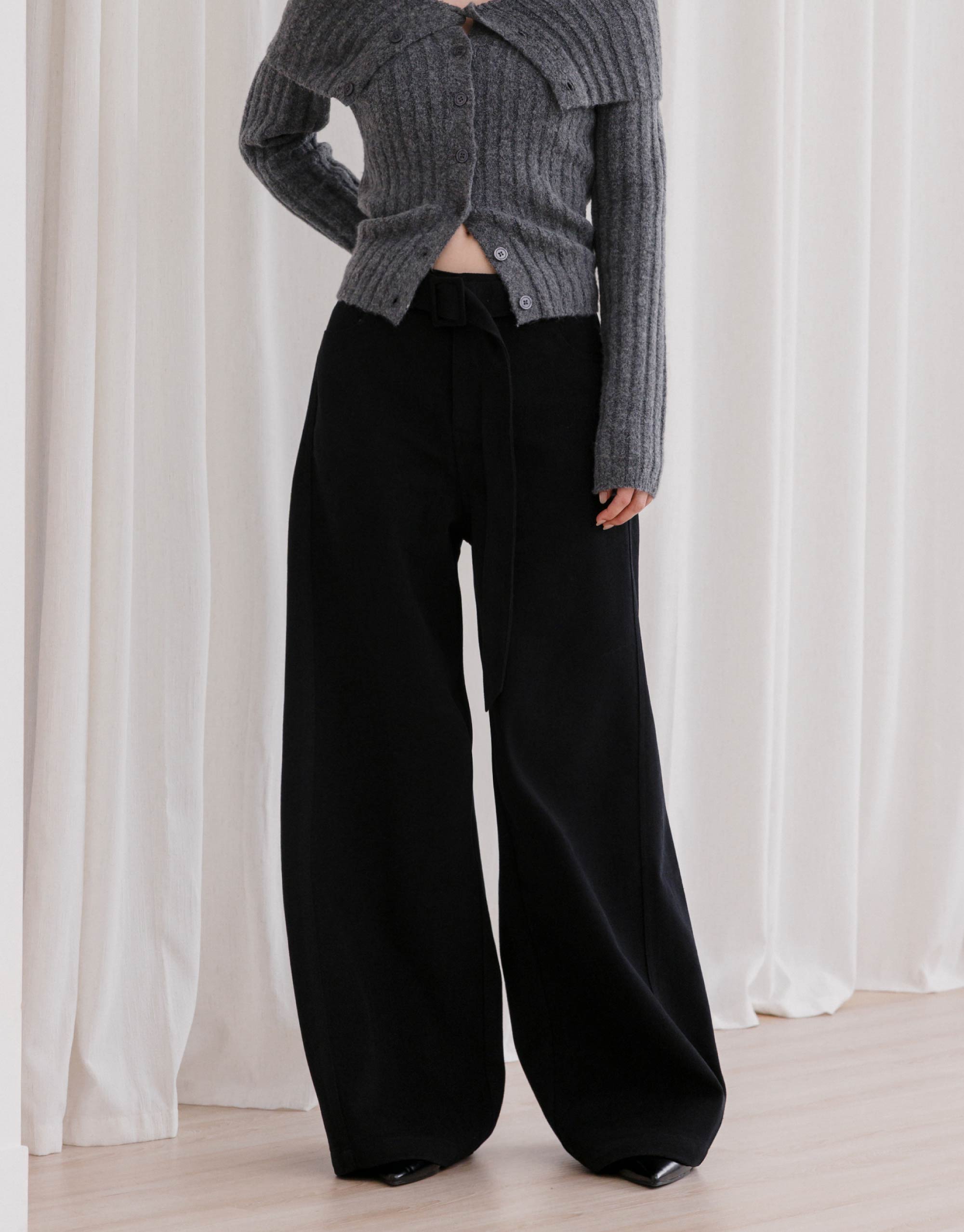 絨感斜紋長褲(附腰帶)