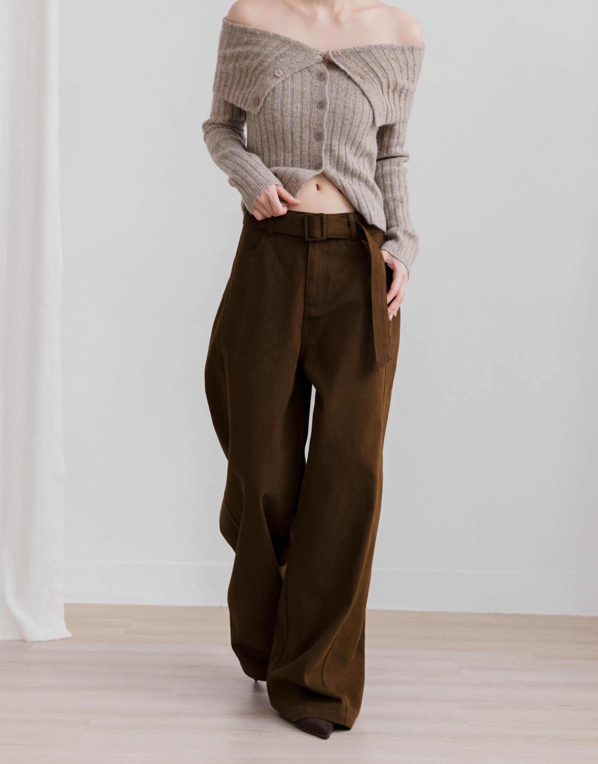 絨感斜紋長褲(附腰帶)