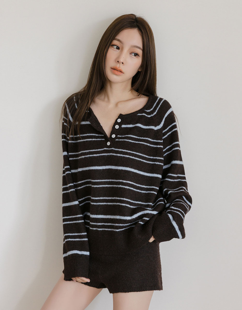 半開襟撞色條紋上衣