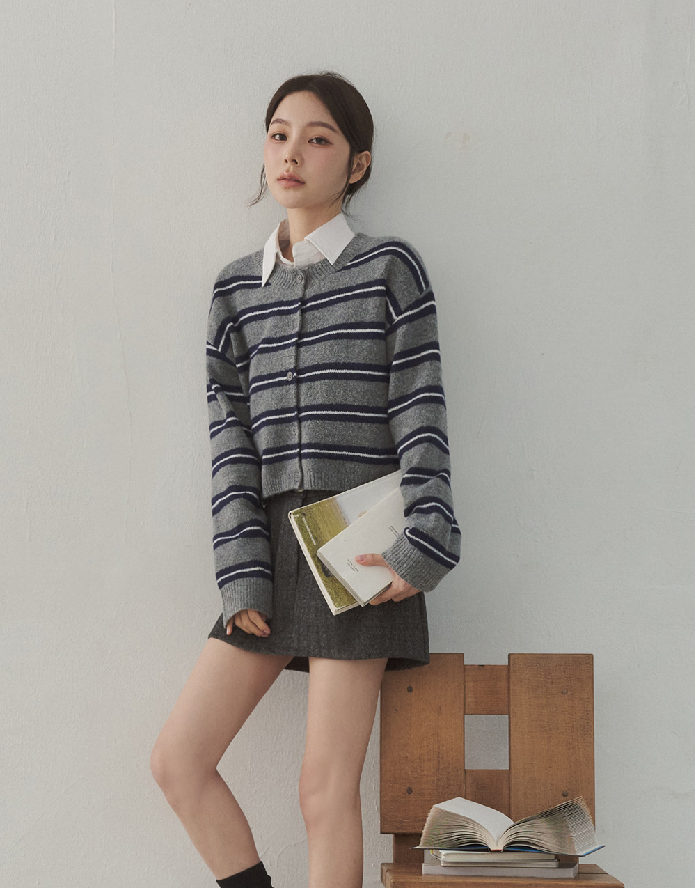 開襟條紋針織外套