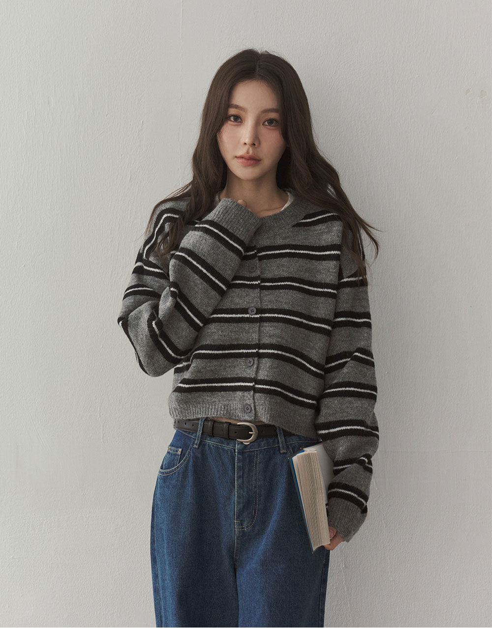 開襟條紋針織外套