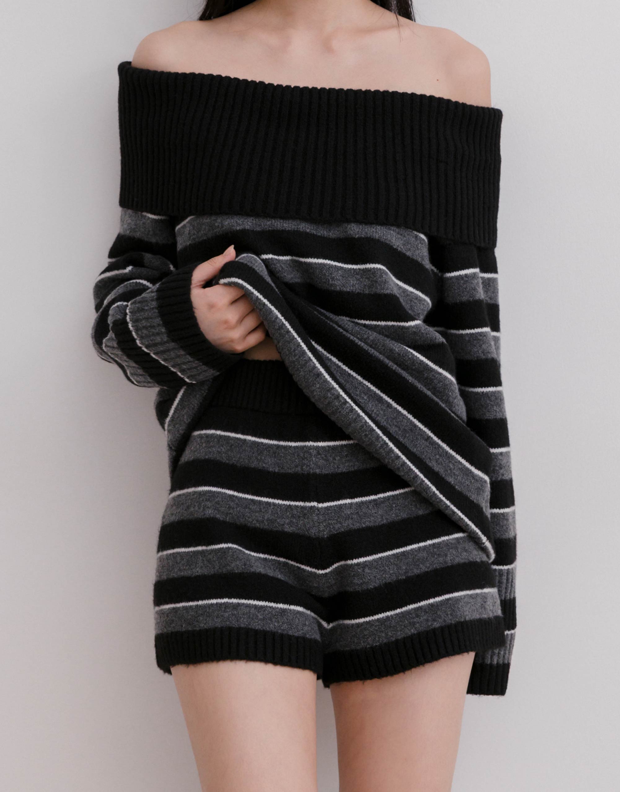 羊毛條紋針織短褲