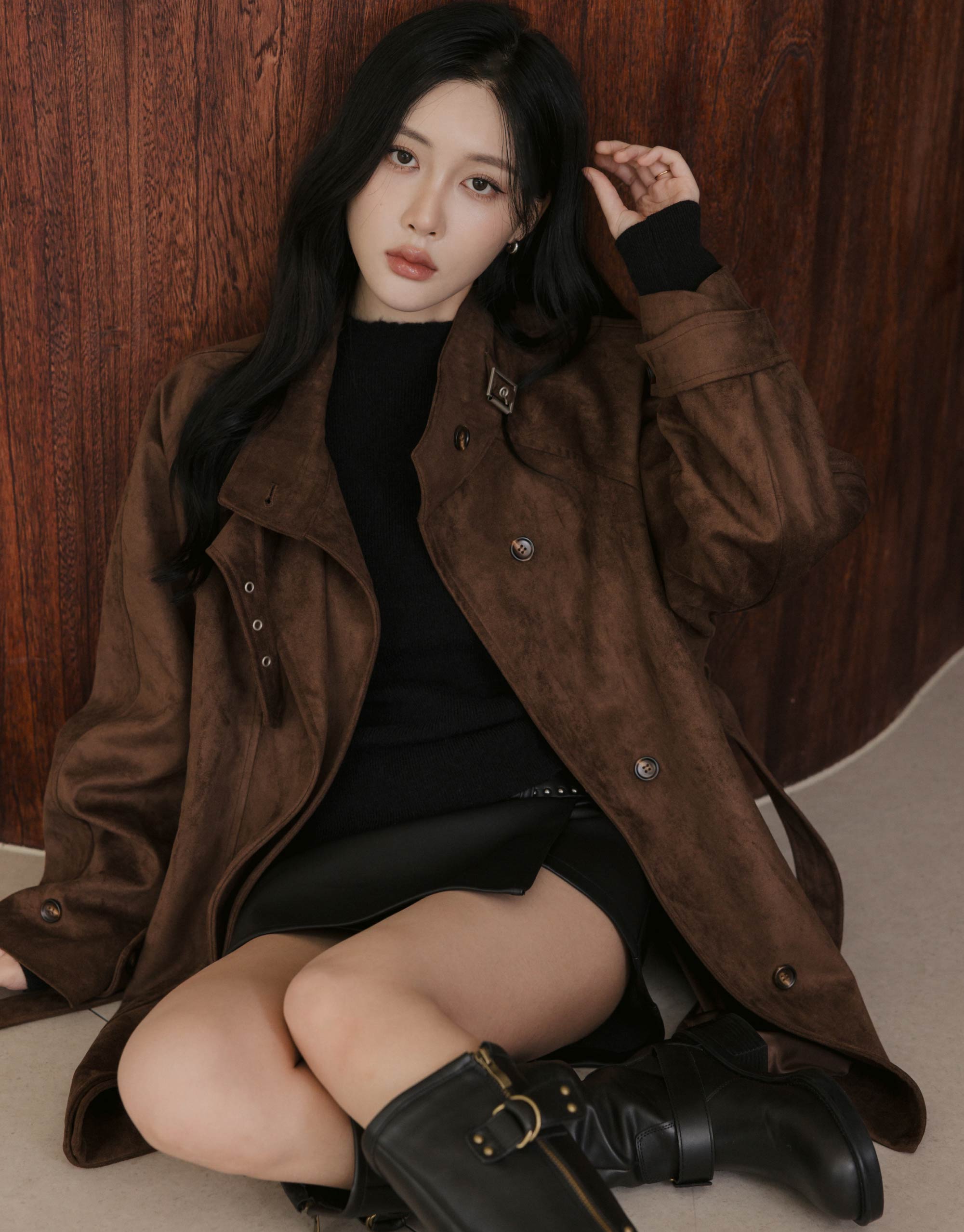 麂皮翻領風衣式外套