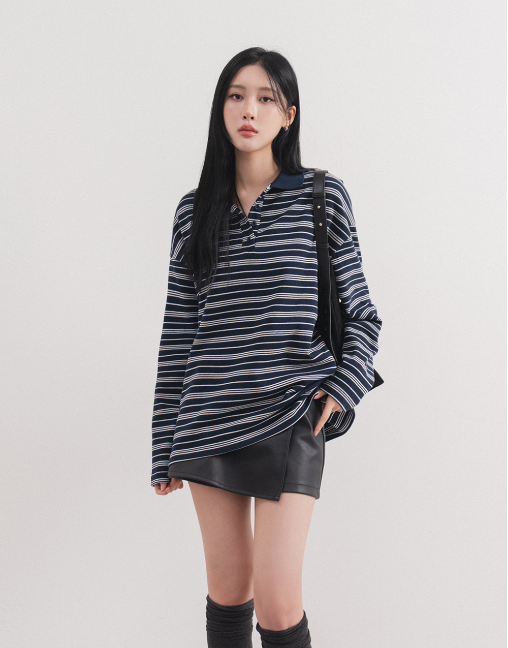 襯衫領條紋寬鬆上衣