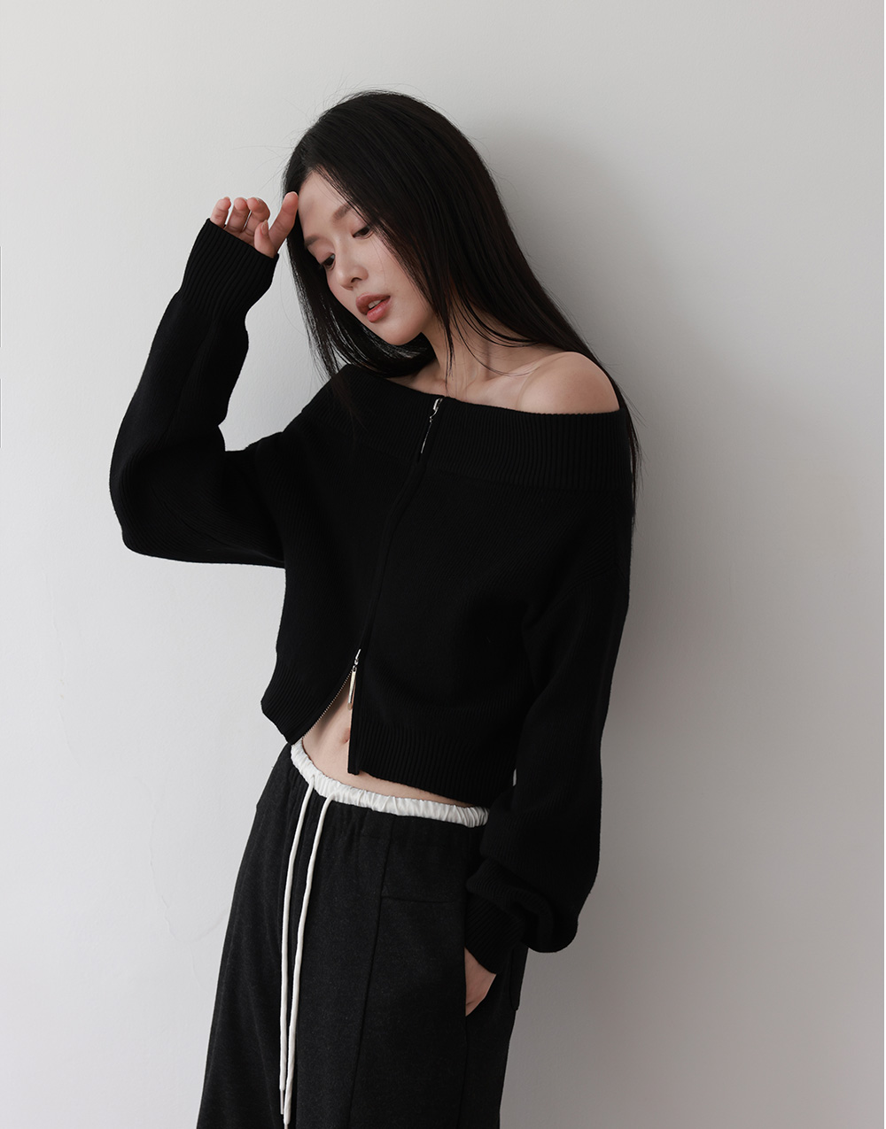 雙拉鍊一字領針織上衣
