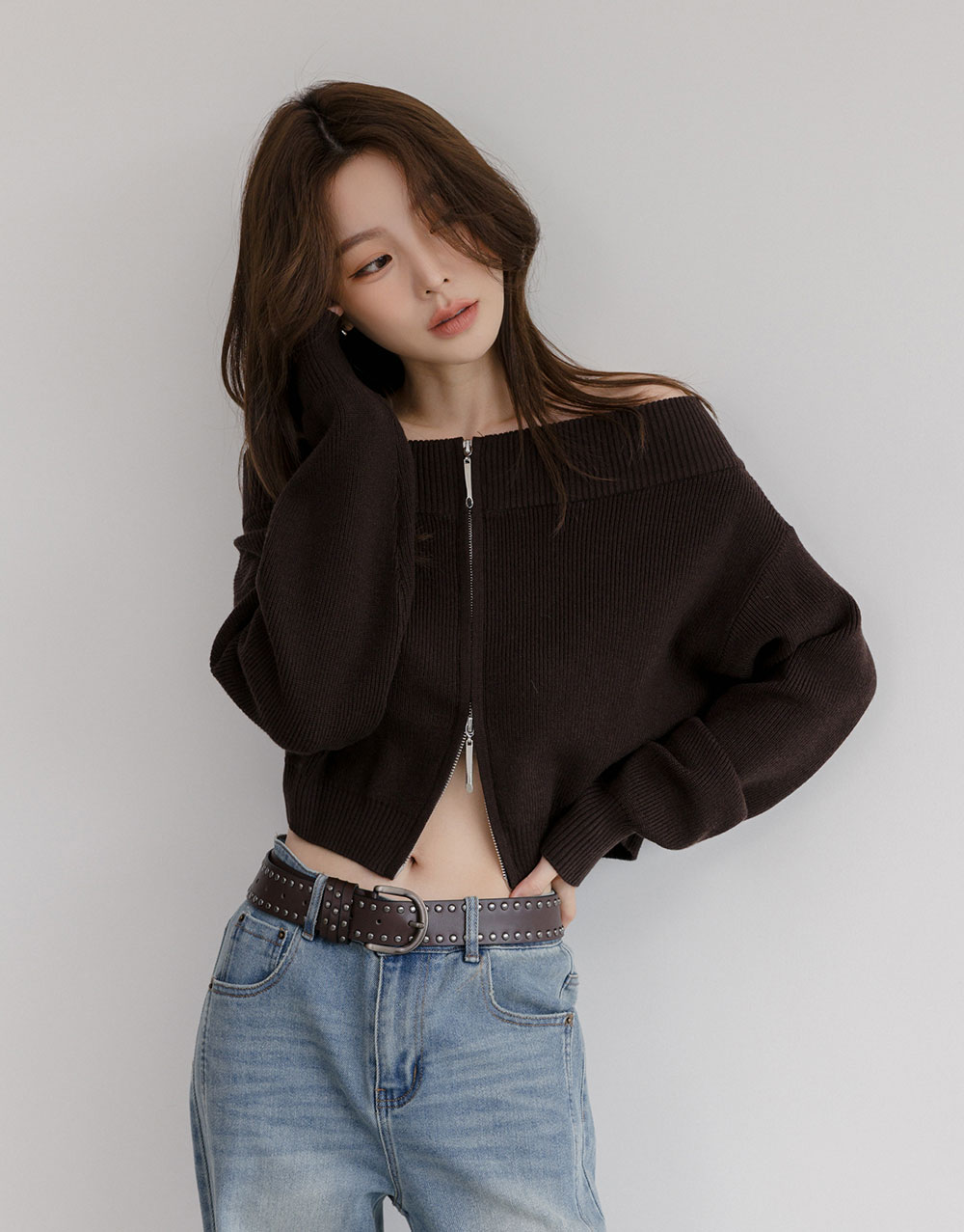 雙拉鍊一字領針織上衣
