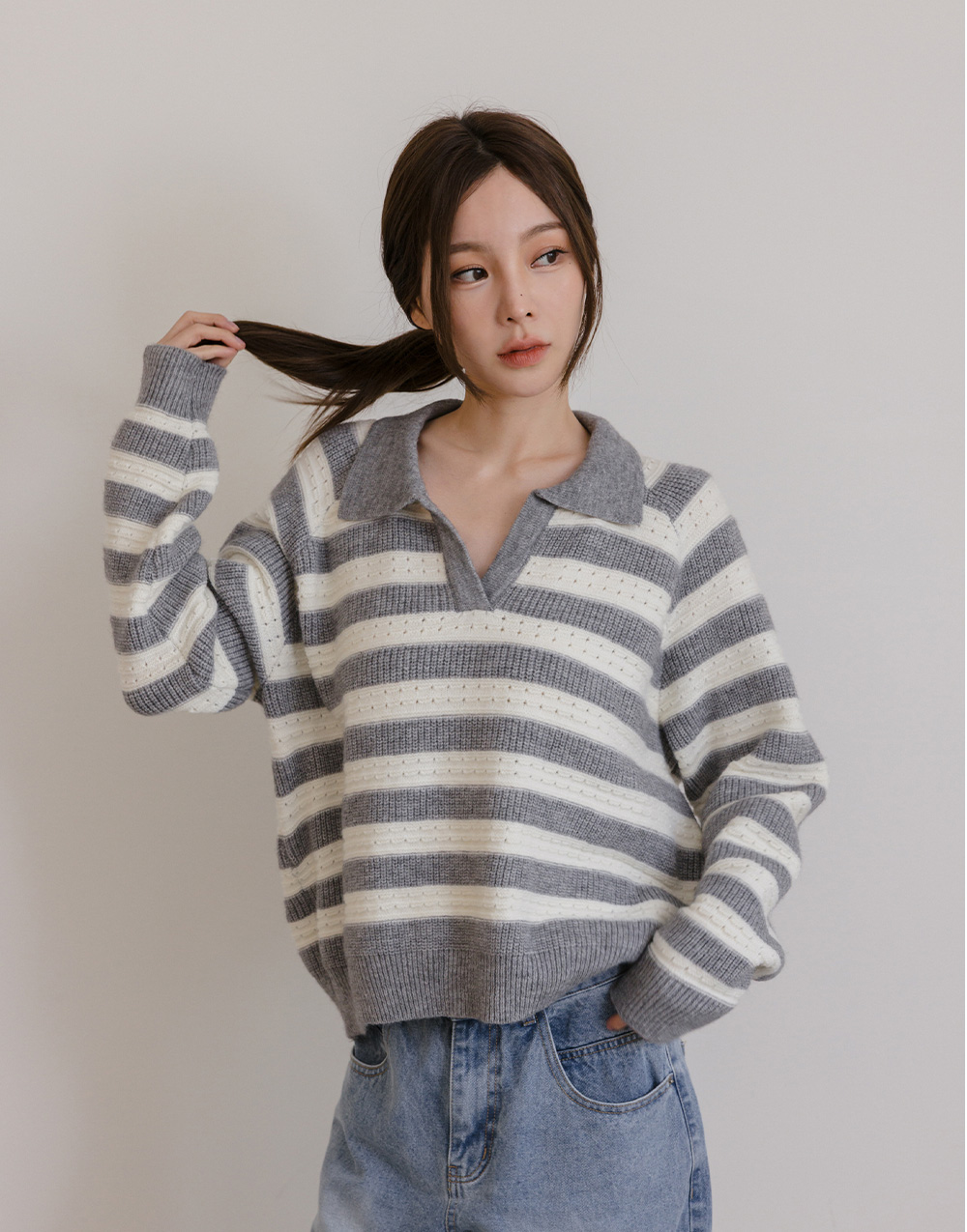 襯衫領條紋針織毛衣