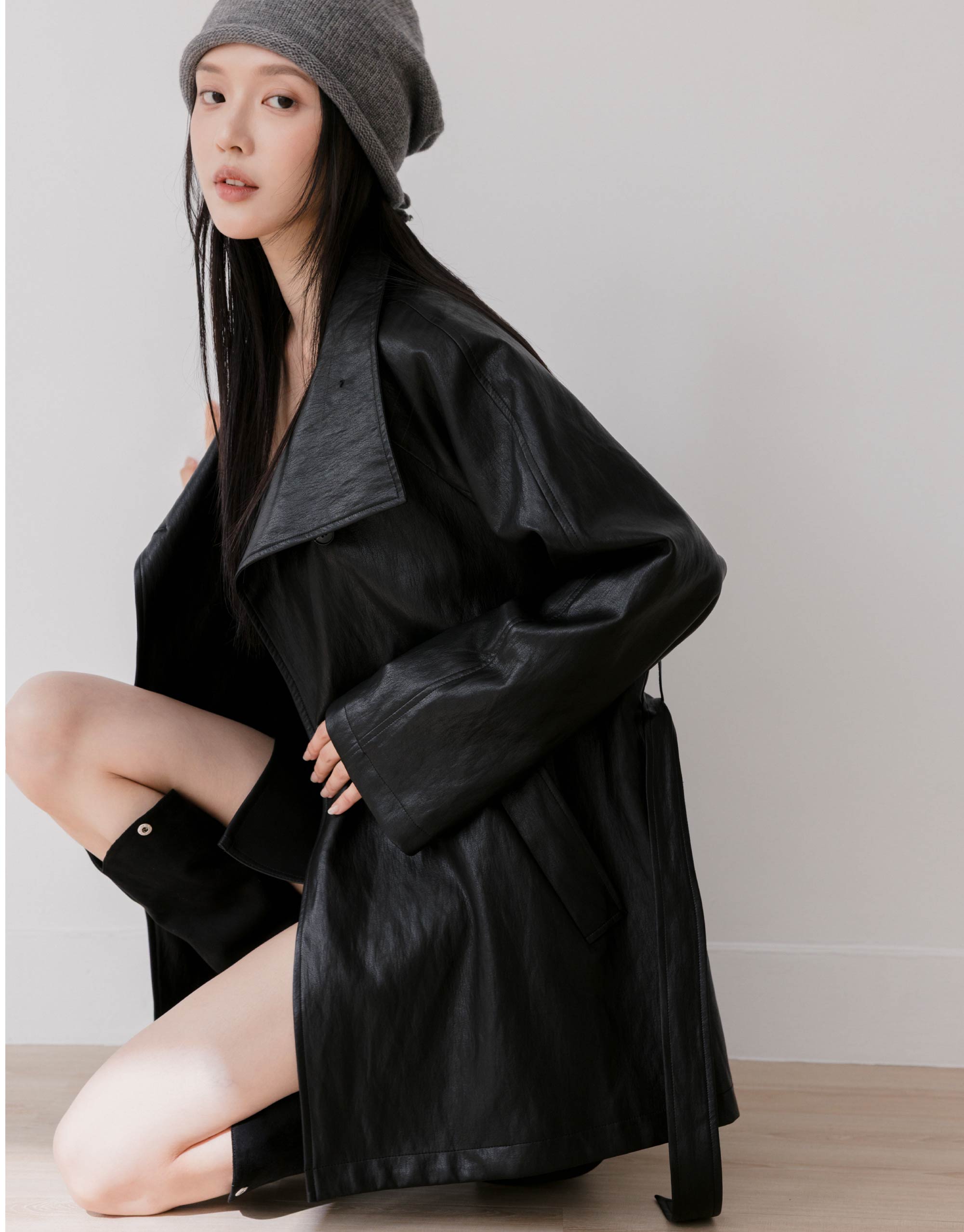 皮質風衣式外套