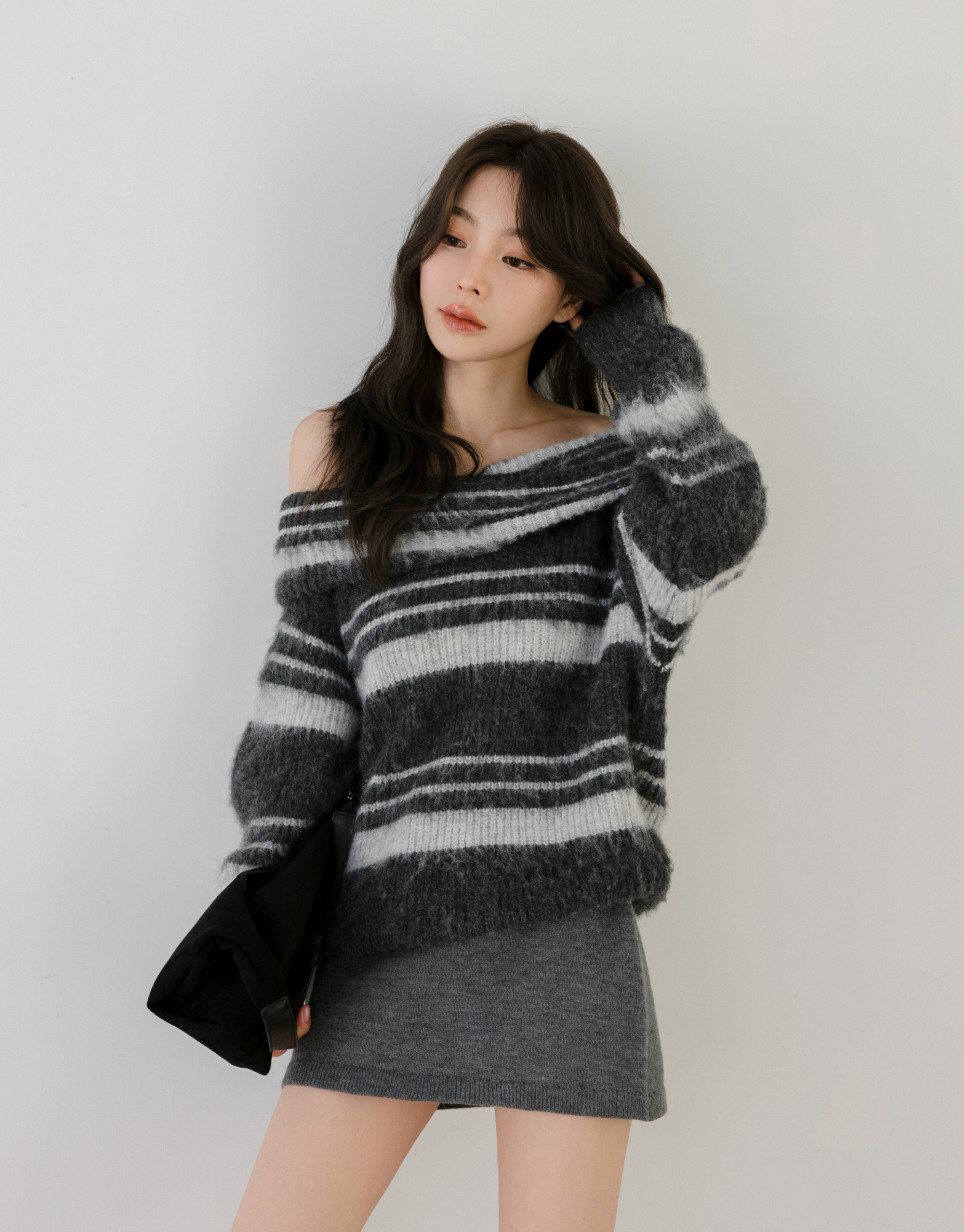 羊毛扭結翻領條紋毛衣